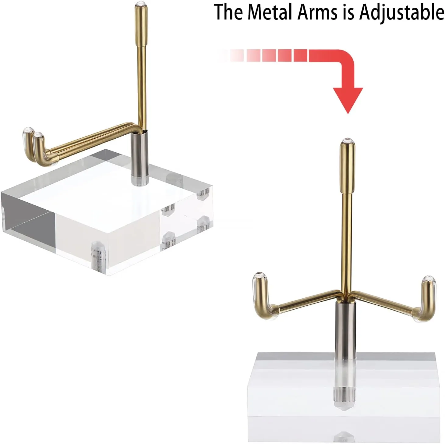 Hipiwe Adjustable Metal Arms Display Stand Easel with Acrylic Base Small Display Easel Holder for Fossil Coral Geodes Rock Mineral Agate Crystals Seashell and Small Collectibles, 2x2x3 inch