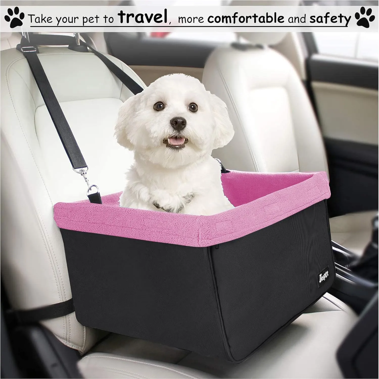 JESPET & GOOPAWS Dog Booster Seats for Cars, Portable Dog Car Seat Travel Carrier with Seat Belt for 24lbs Pets (Pink-16 L x 13" D x 9" H)