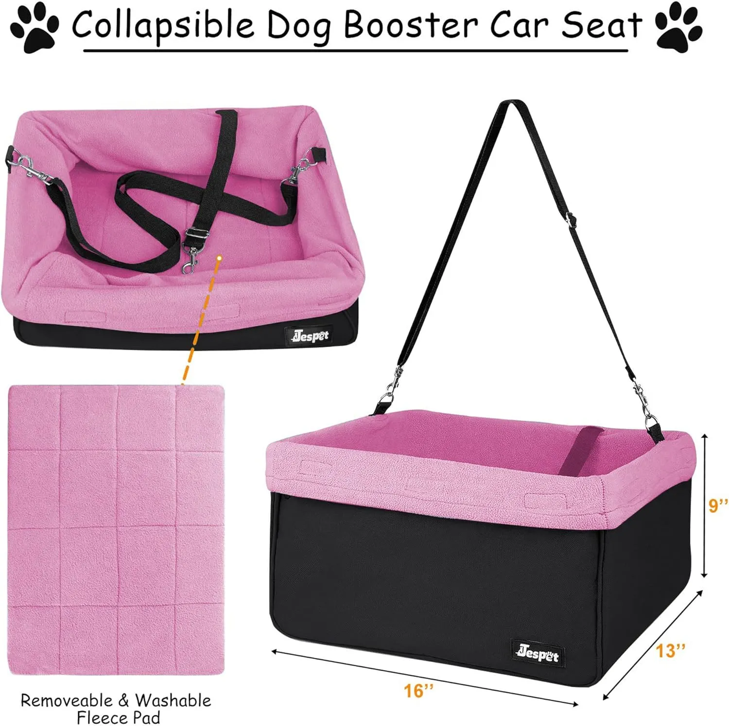 JESPET & GOOPAWS Dog Booster Seats for Cars, Portable Dog Car Seat Travel Carrier with Seat Belt for 24lbs Pets (Pink-16 L x 13" D x 9" H)