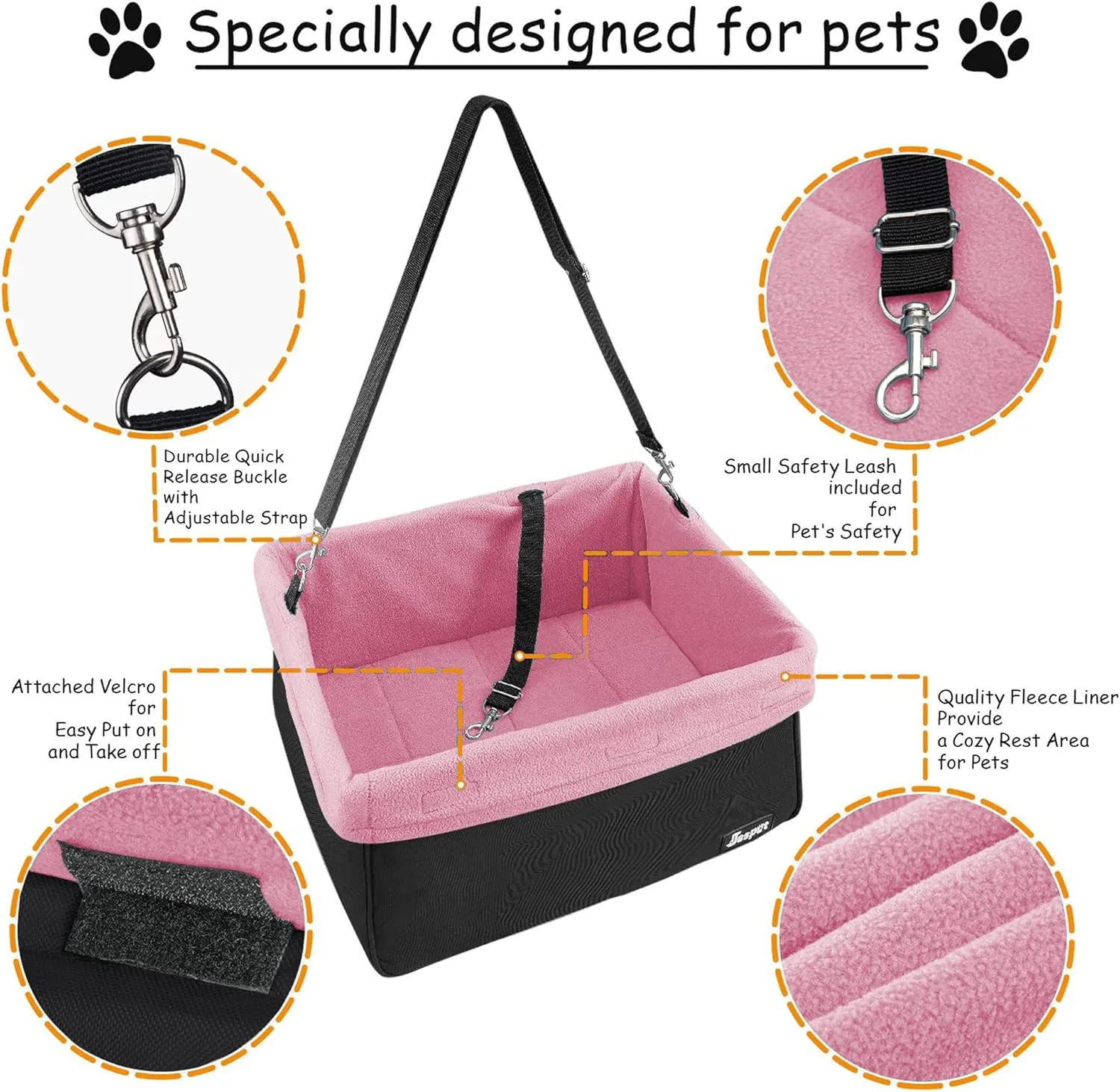 JESPET & GOOPAWS Dog Booster Seats for Cars, Portable Dog Car Seat Travel Carrier with Seat Belt for 24lbs Pets (Pink-16 L x 13" D x 9" H)