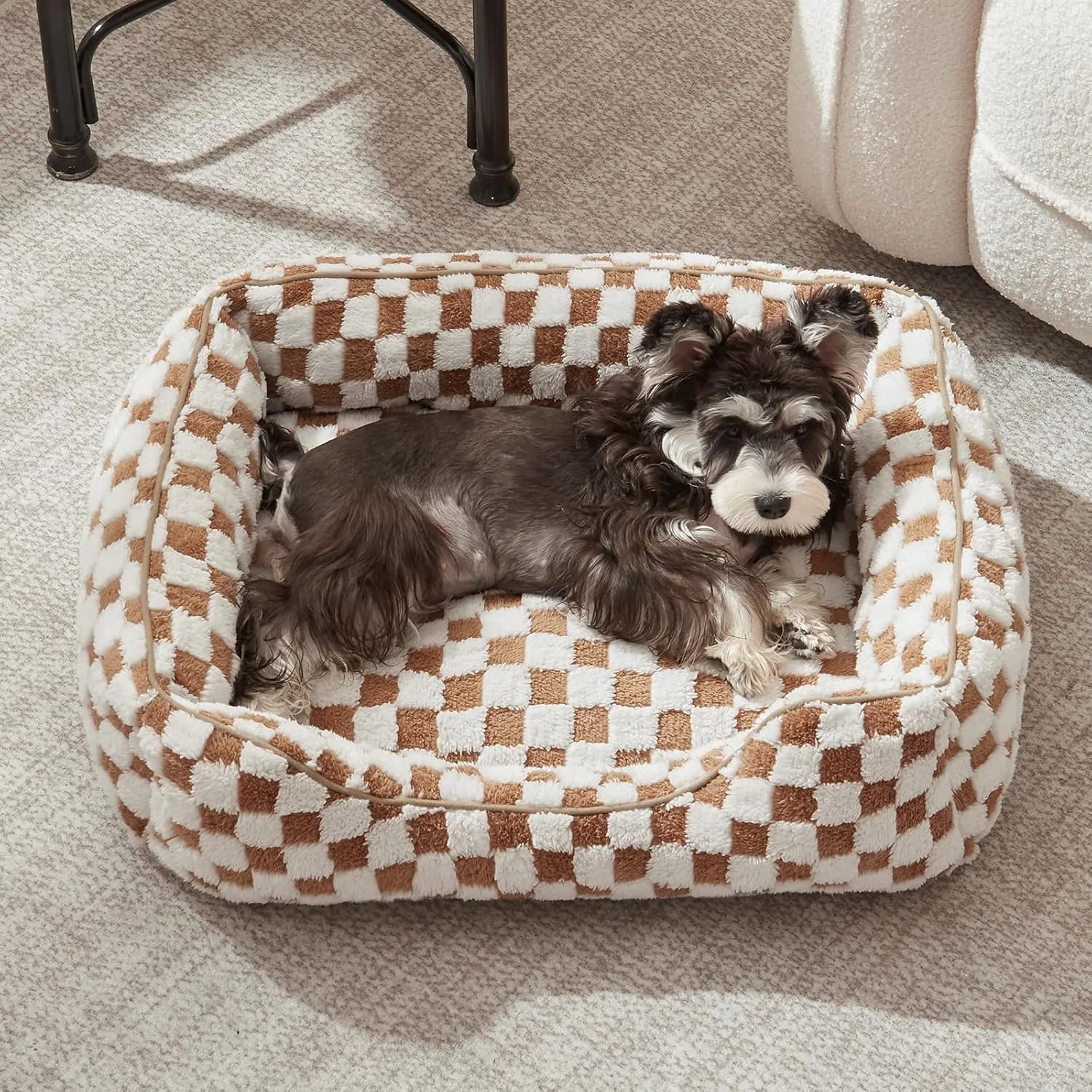 JOEJOY Dog Bed for Large Medium Small Dogs - Rectangle Orthopedic Dog Sofa Bed, Cute Modern Puppy Bed with Jacquard Shaggy Plush & Anti Slip Bottom, 30x24x9inches, Brown