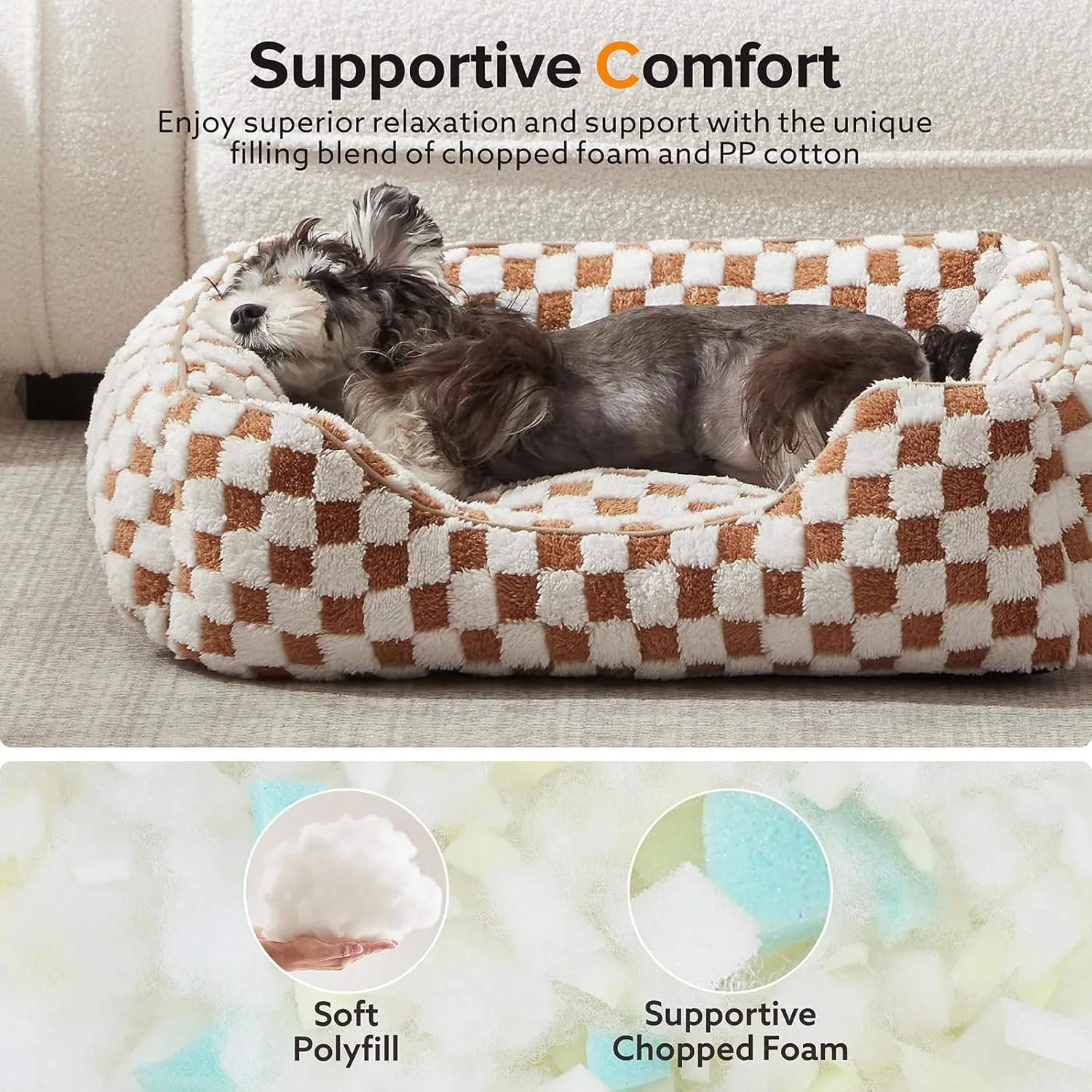 JOEJOY Dog Bed for Large Medium Small Dogs - Rectangle Orthopedic Dog Sofa Bed, Cute Modern Puppy Bed with Jacquard Shaggy Plush & Anti Slip Bottom, 30x24x9inches, Brown