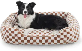 JOEJOY Dog Bed for Large Medium Small Dogs - Rectangle Orthopedic Dog Sofa Bed, Cute Modern Puppy Bed with Jacquard Shaggy Plush & Anti Slip Bottom, 30x24x9inches, Brown