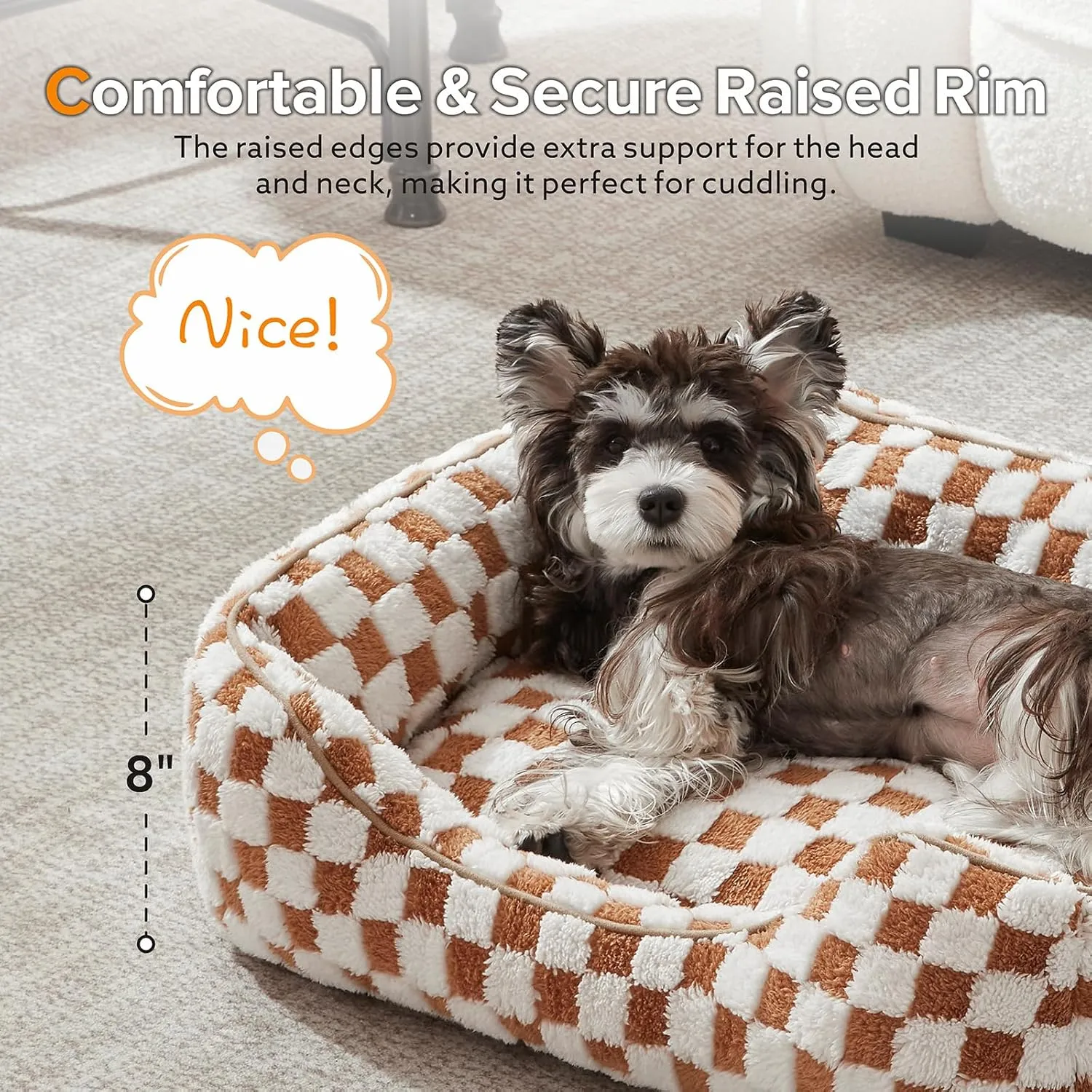 JOEJOY Dog Bed for Large Medium Small Dogs - Rectangle Orthopedic Dog Sofa Bed, Cute Modern Puppy Bed with Jacquard Shaggy Plush & Anti Slip Bottom, 30x24x9inches, Brown