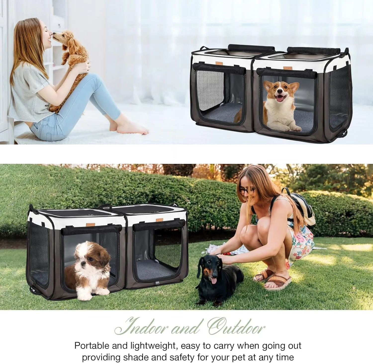 Lekebobor Soft Dog Crate - 2-in-1 Portable Travel Dog Crate for Small-Sized Dogs Indoor & Outdoor, 7-Door Foldable Pet Kennel with Durable Mesh Windows (Small, Brown)