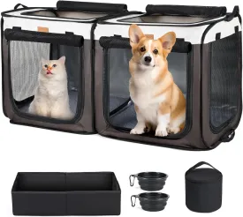 Lekebobor Soft Dog Crate - 2-in-1 Portable Travel Dog Crate for Small-Sized Dogs Indoor & Outdoor, 7-Door Foldable Pet Kennel with Durable Mesh Windows (Small, Brown)