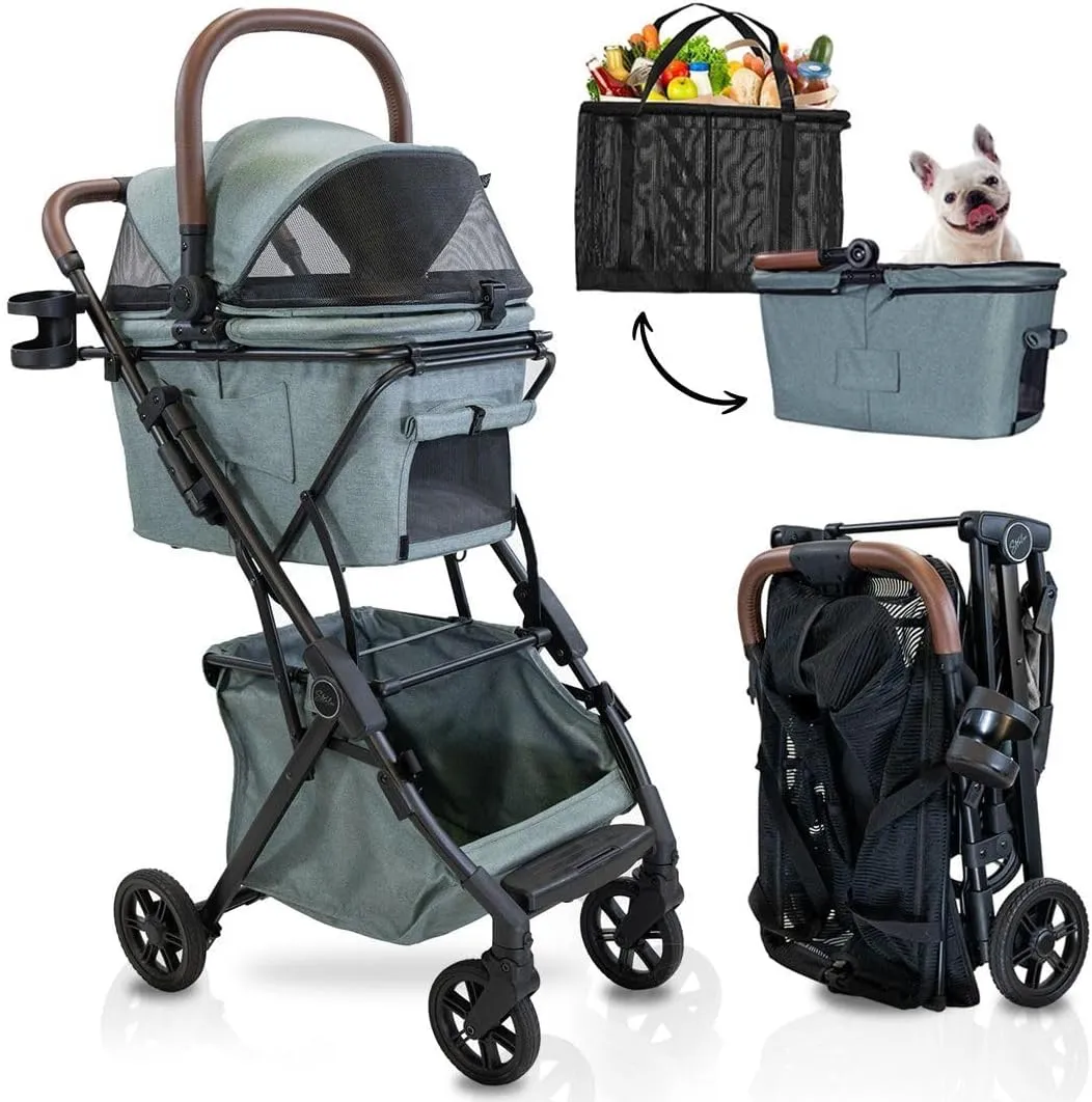 Luxury Pet Stroller & Personal Folding Shopping Cart on Premium Wheels  Lightweight Aluminum Frame  Removable Bassinet, Shopping Bag- Small to Medium Dogs & Cats (Sage v3 Pet Bassinet)