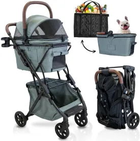 Luxury Pet Stroller & Personal Folding Shopping Cart on Premium Wheels  Lightweight Aluminum Frame  Removable Bassinet, Shopping Bag- Small to Medium Dogs & Cats (Sage v3 Pet Bassinet)