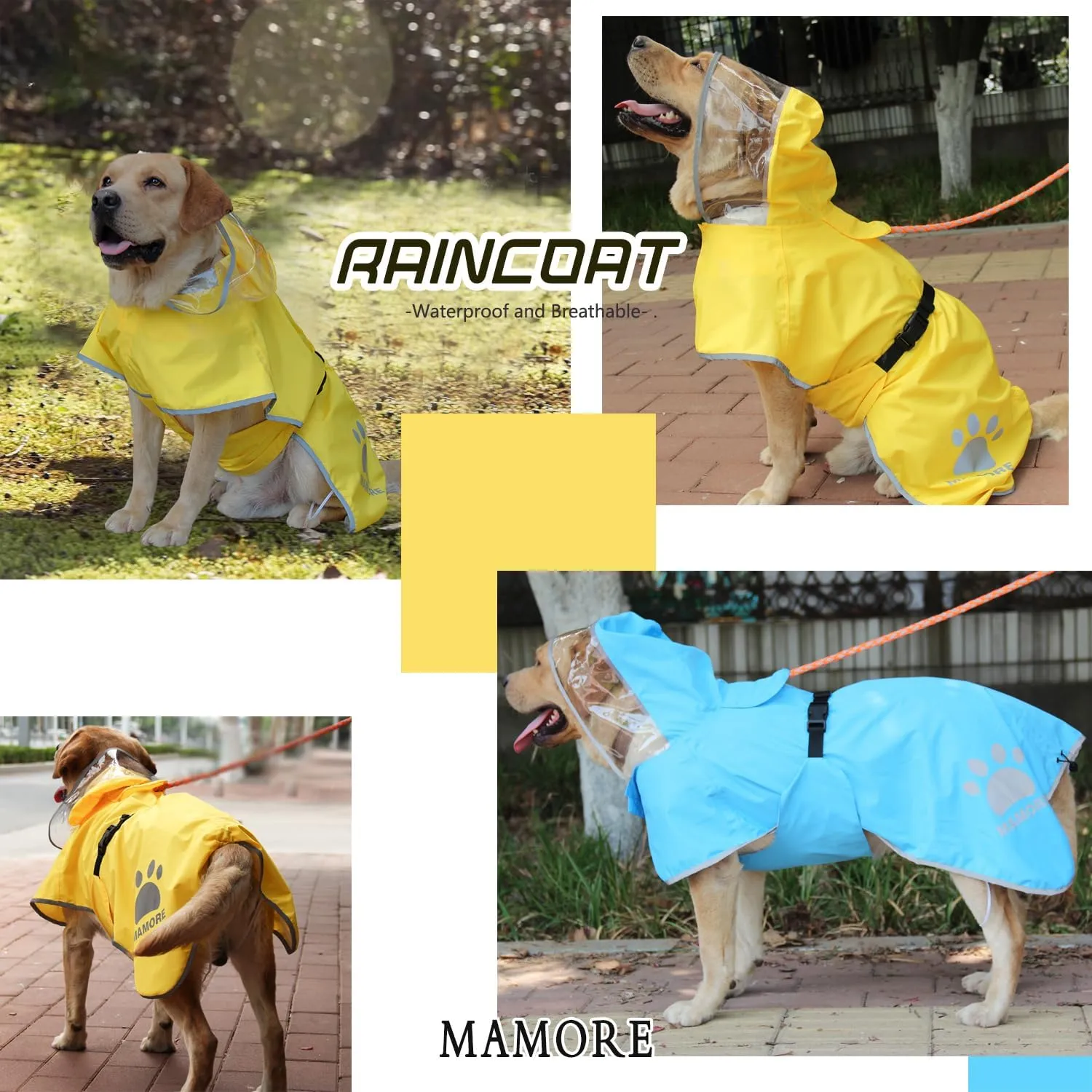 MAMORE Dog Raincoat Hooded Rain Jacket for Small Medium Large Dogs Slicker Poncho Bottom Waterproof Adjustable Reflective Breathable Leash Hole (Blue, Small)