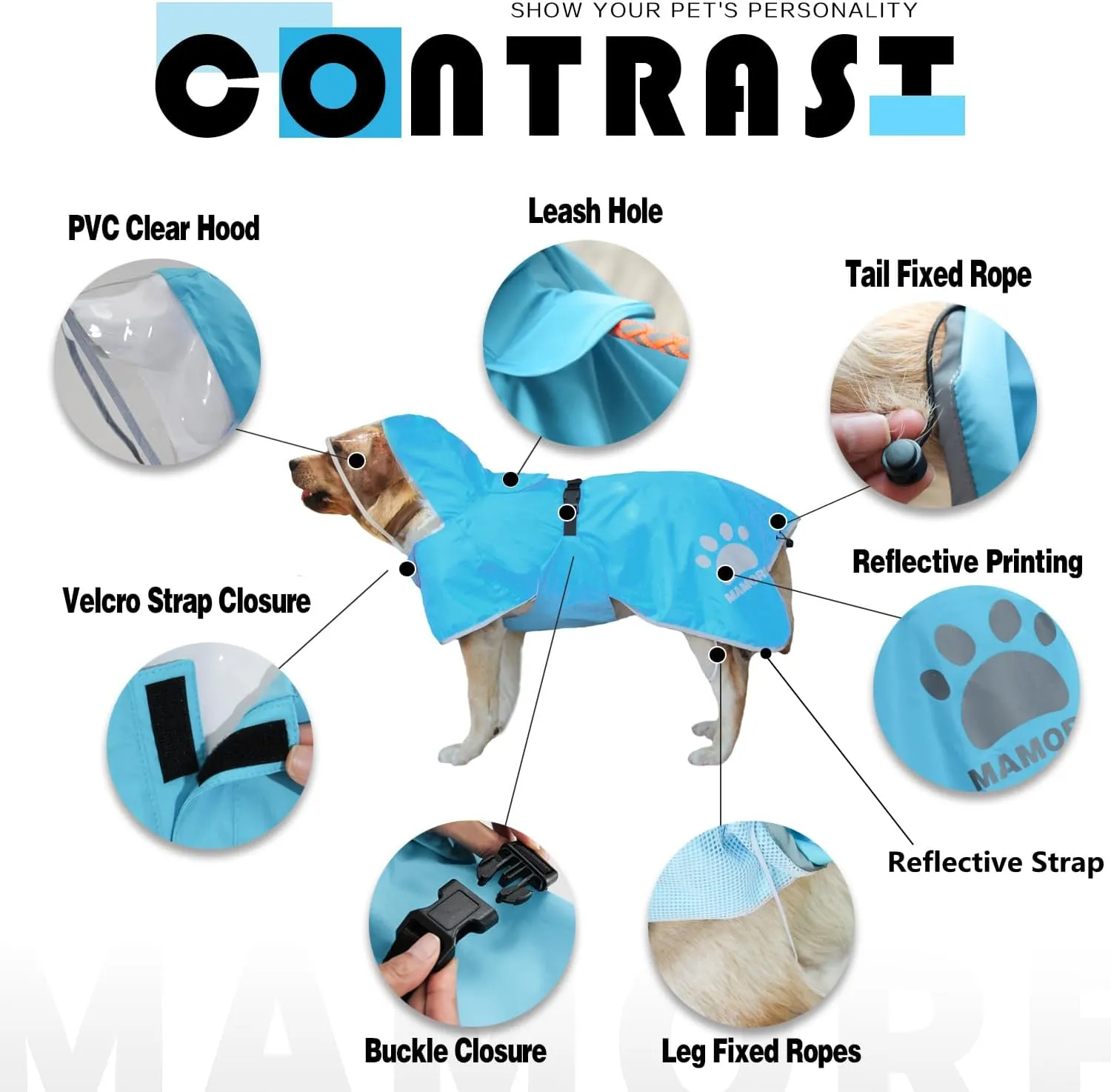 MAMORE Dog Raincoat Hooded Rain Jacket for Small Medium Large Dogs Slicker Poncho Bottom Waterproof Adjustable Reflective Breathable Leash Hole (Blue, Small)
