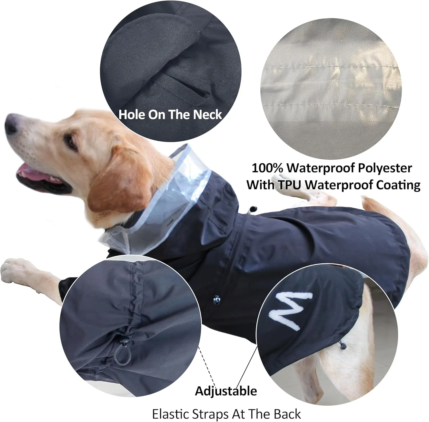 MAMORE Dog Raincoat with Clear Hood and 2 Legs - Adjustable Jacket, Bottom Waterproof, Reflective Stripe - For Small, Medium, Large Dogs (Black, X-Large)