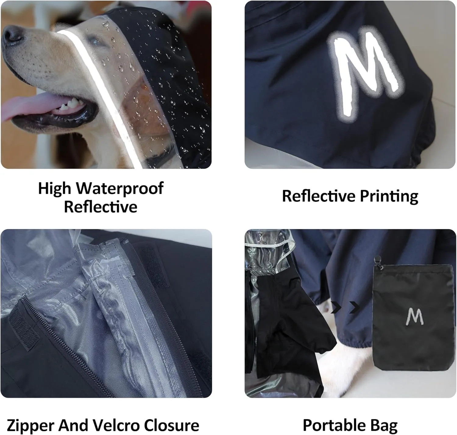 MAMORE Dog Raincoat with Clear Hood and 2 Legs - Adjustable Jacket, Bottom Waterproof, Reflective Stripe - For Small, Medium, Large Dogs (Black, X-Large)