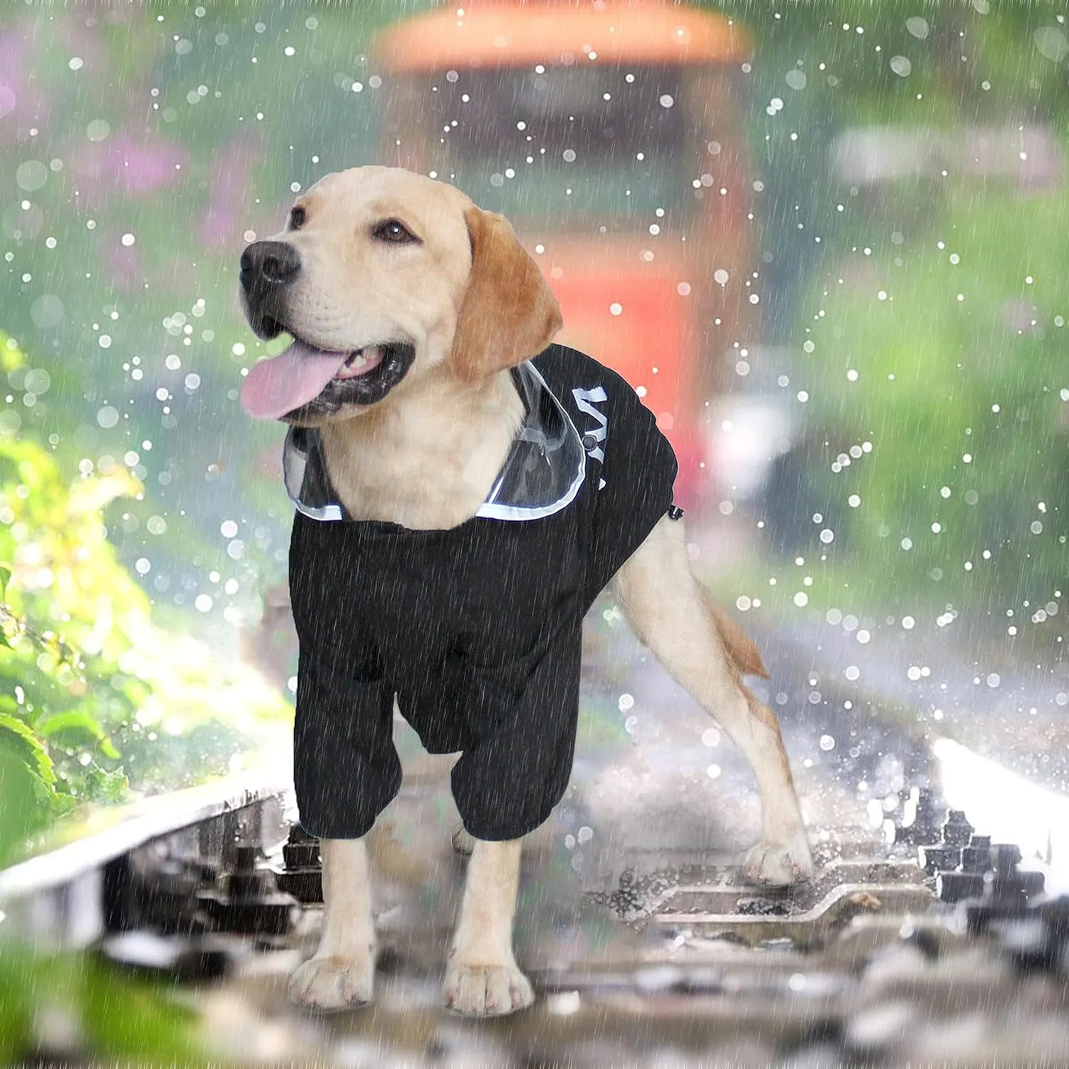 MAMORE Dog Raincoat with Clear Hood and 2 Legs - Adjustable Jacket, Bottom Waterproof, Reflective Stripe - For Small, Medium, Large Dogs (Black, X-Large)