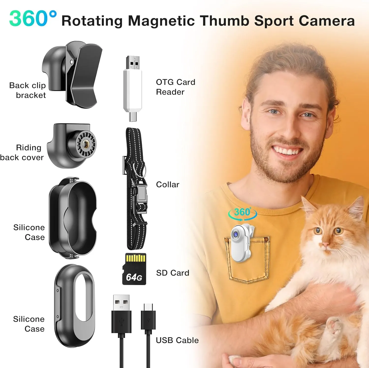 Mini Body Camera,1080P 64G Wearable Action Body Cam,Thumb Size Hands Free One-Click Filming Body Worn Camera with 360Rotatable Clip for Work, Travel, Pet Walking