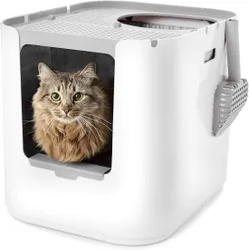Modkat XL Litter Box, Top or Front-Entry Configurable, Full Height Seamless Base, Reusable Litter Liners, Sifting Litter Scoop, 2X Bamboo Charcoal Filters - White