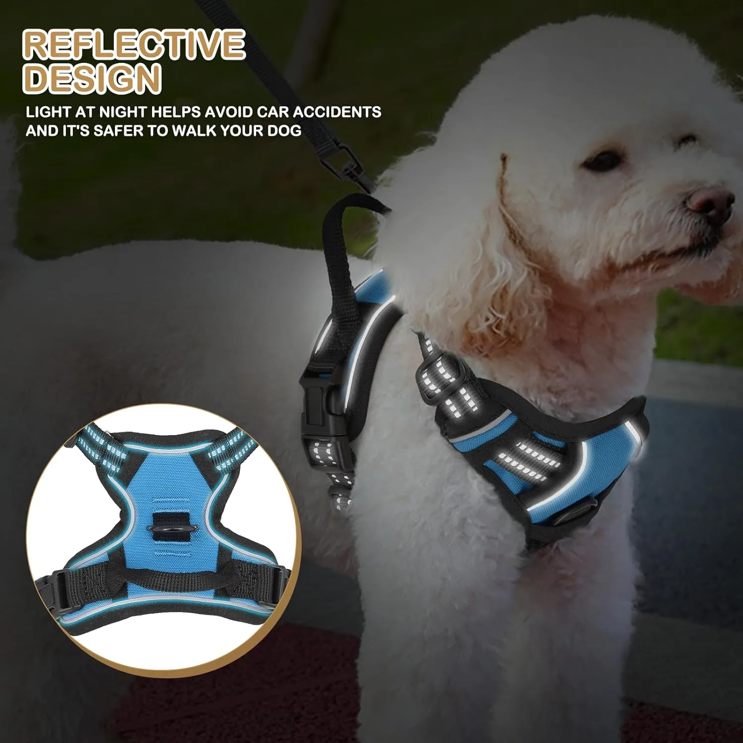 MoNiBloom Reflective Dog Harness, No Pull Vest Harness with Handle, Adjustable Soft Padded Pet Harness for Small Dogs, Sky Blue, S