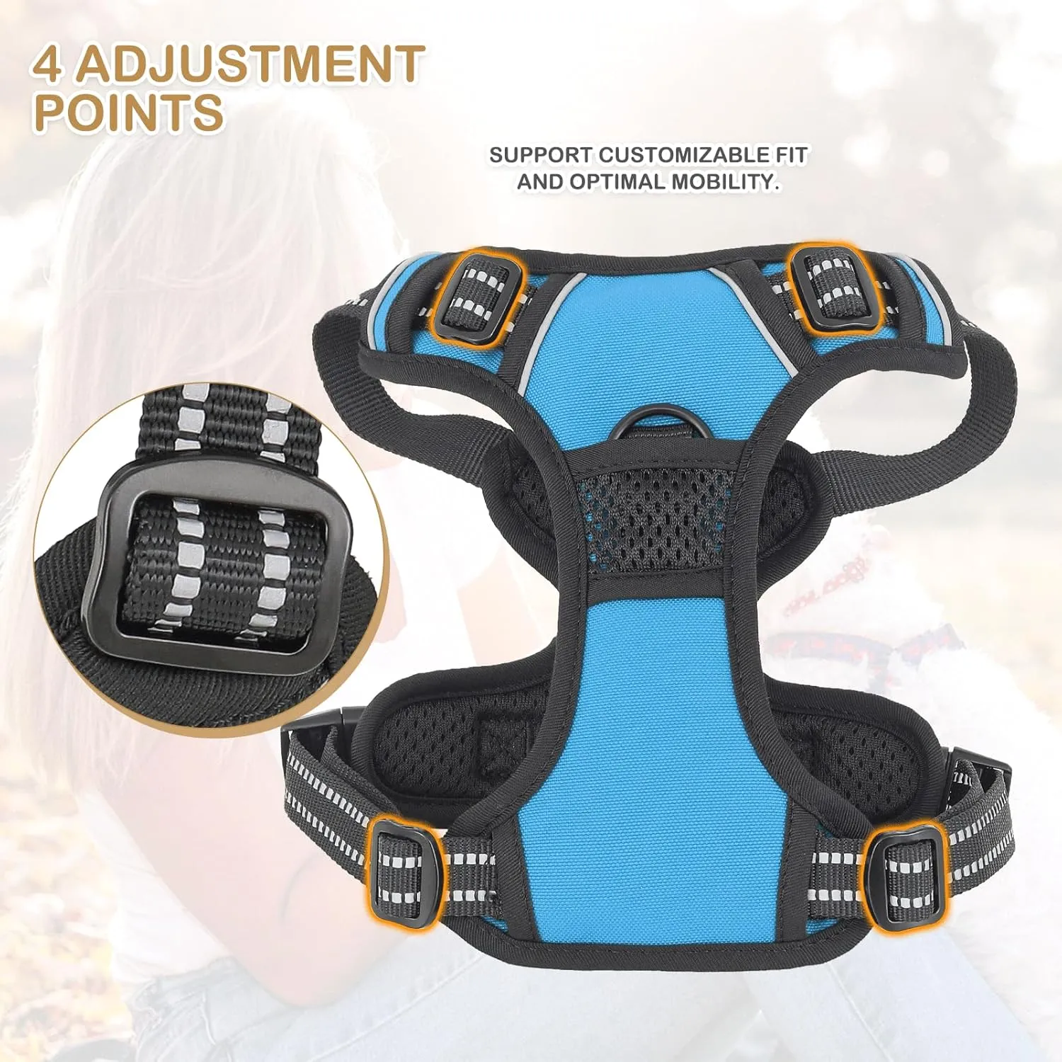 MoNiBloom Reflective Dog Harness, No Pull Vest Harness with Handle, Adjustable Soft Padded Pet Harness for Small Dogs, Sky Blue, S