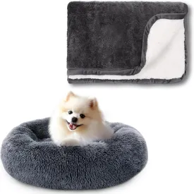 Nobleza Dog Beds for Small Dogs, Washable Soft Round Fluffy Donut Self Warming Cat Bed, 23" x 23" x 7", Dark Grey & Waterproof Dog Blanket, Reversible Warm Sherpa Fleece Puppy Blanket, 24"  32" Grey