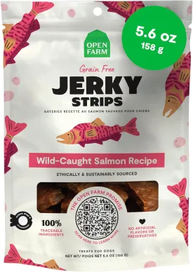 Open Farm, Dog Jerky Treats, Soft & Chewy Oven-Baked Jerky Strips Made with Ethically & Sustainably Sourced Ingredients, Protein Packed Dog Treats, Grain-Free Wild-Caugh Salmon Recipe, 5.6oz Pouch