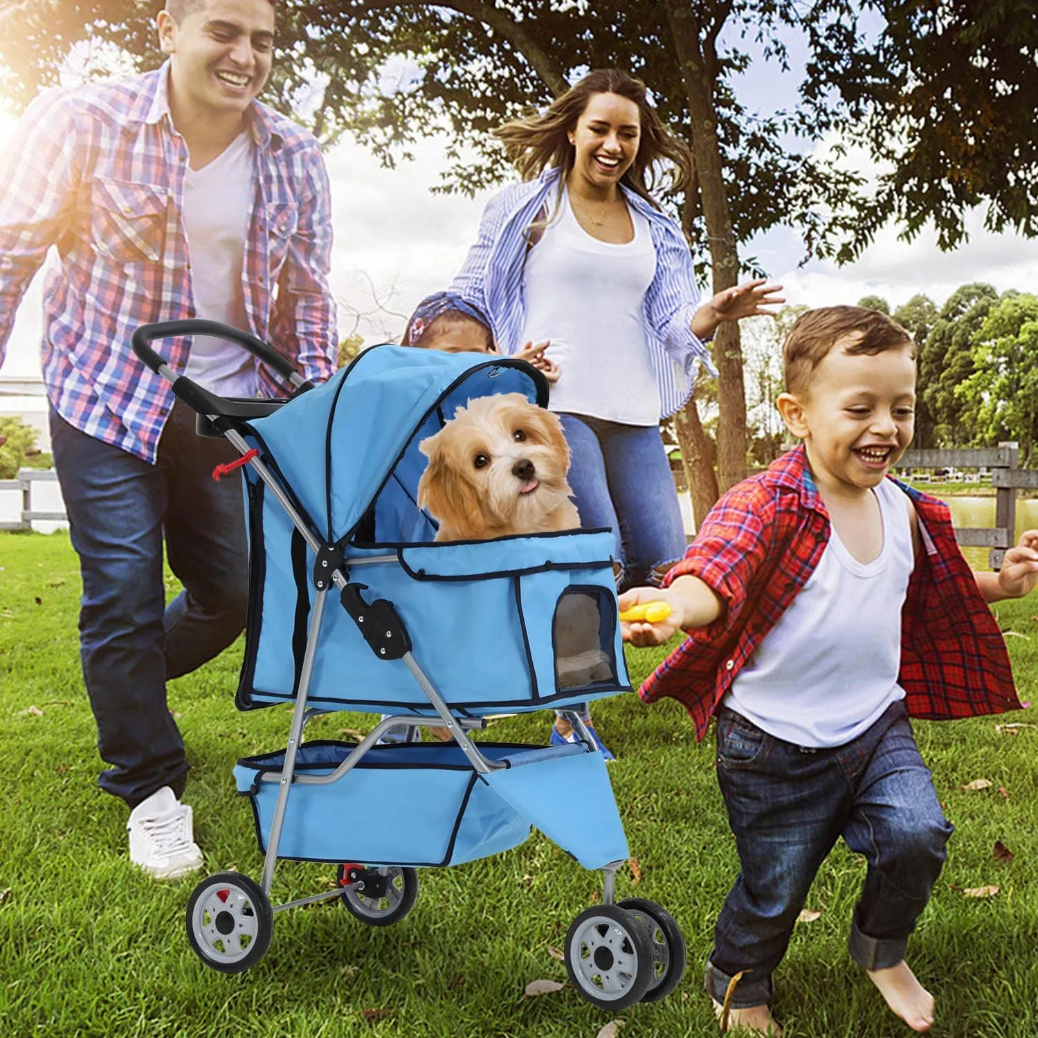 PetCart 3-Wheel Folding Stroller, Waterproof Cat & Dog Carrier with Cup Holder & Removable Liner, for Small & Medium Pets (Blue)