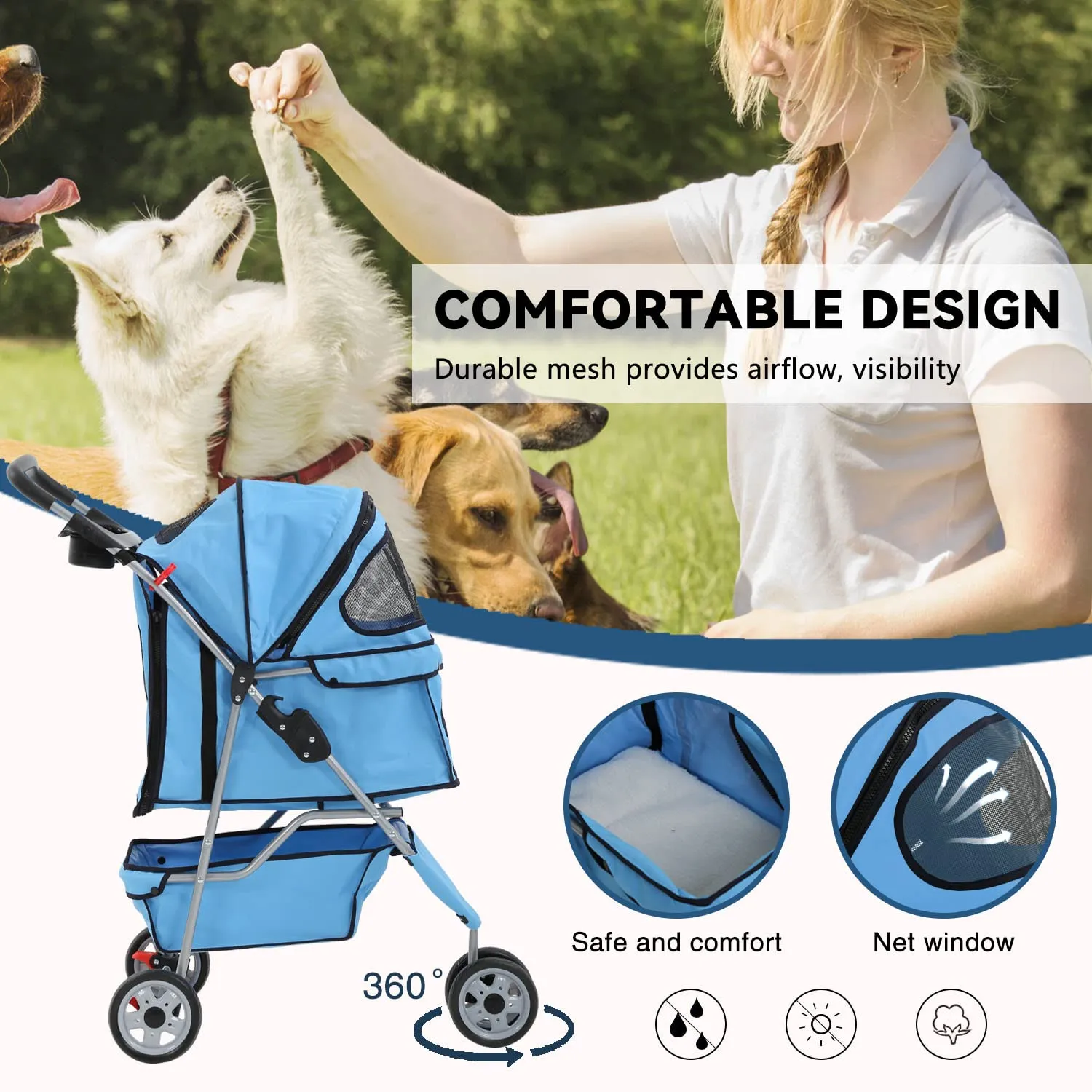 PetCart 3-Wheel Folding Stroller, Waterproof Cat & Dog Carrier with Cup Holder & Removable Liner, for Small & Medium Pets (Blue)