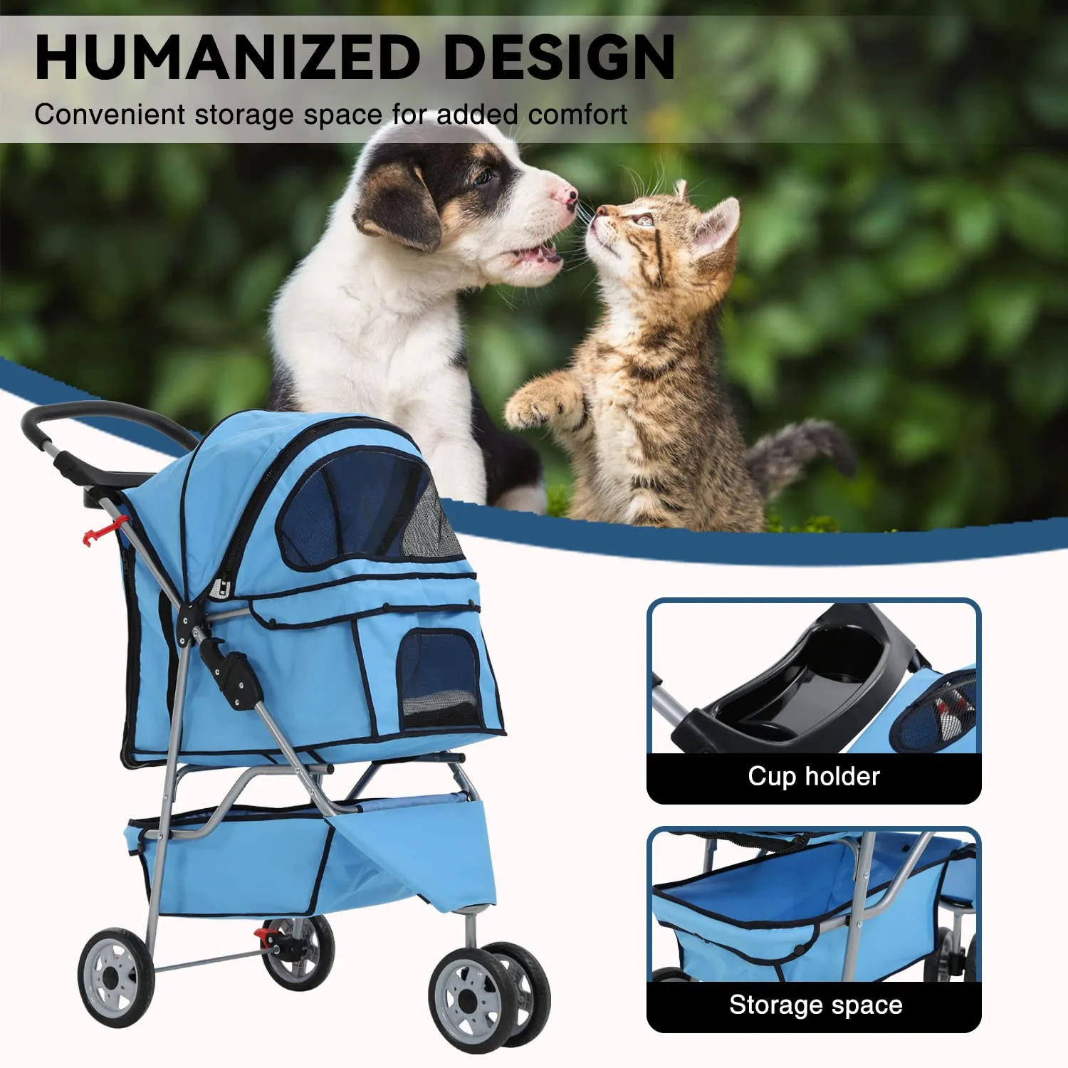 PetCart 3-Wheel Folding Stroller, Waterproof Cat & Dog Carrier with Cup Holder & Removable Liner, for Small & Medium Pets (Blue)