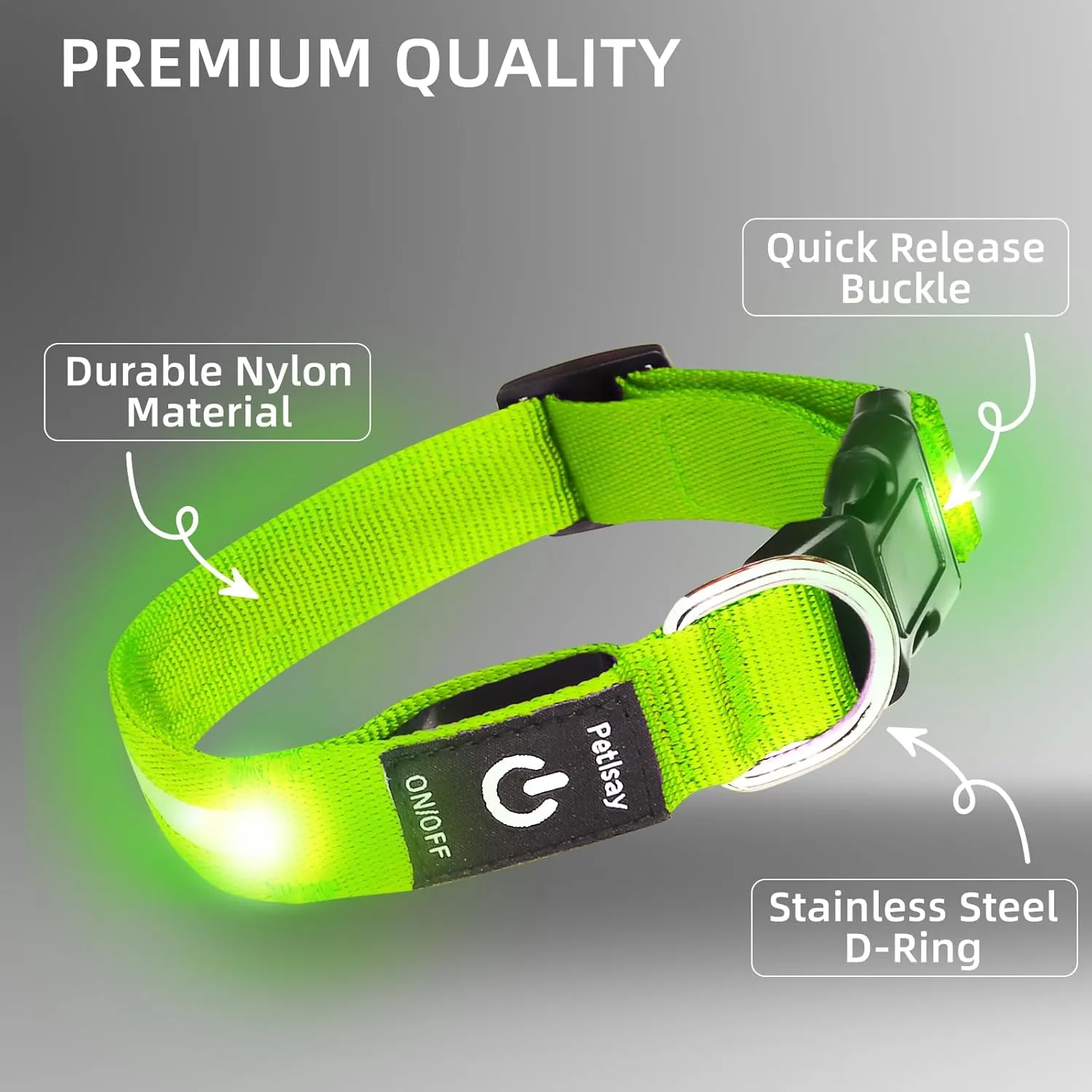 PetIsay Light up Dog Collar - High Visibility & Durable Nylon Material - USB C Rechargeable & Waterproof LED Dog Collar for Night Walking,Lighted Dog Collars Glow in The Dark Flashing(Green,Medium)