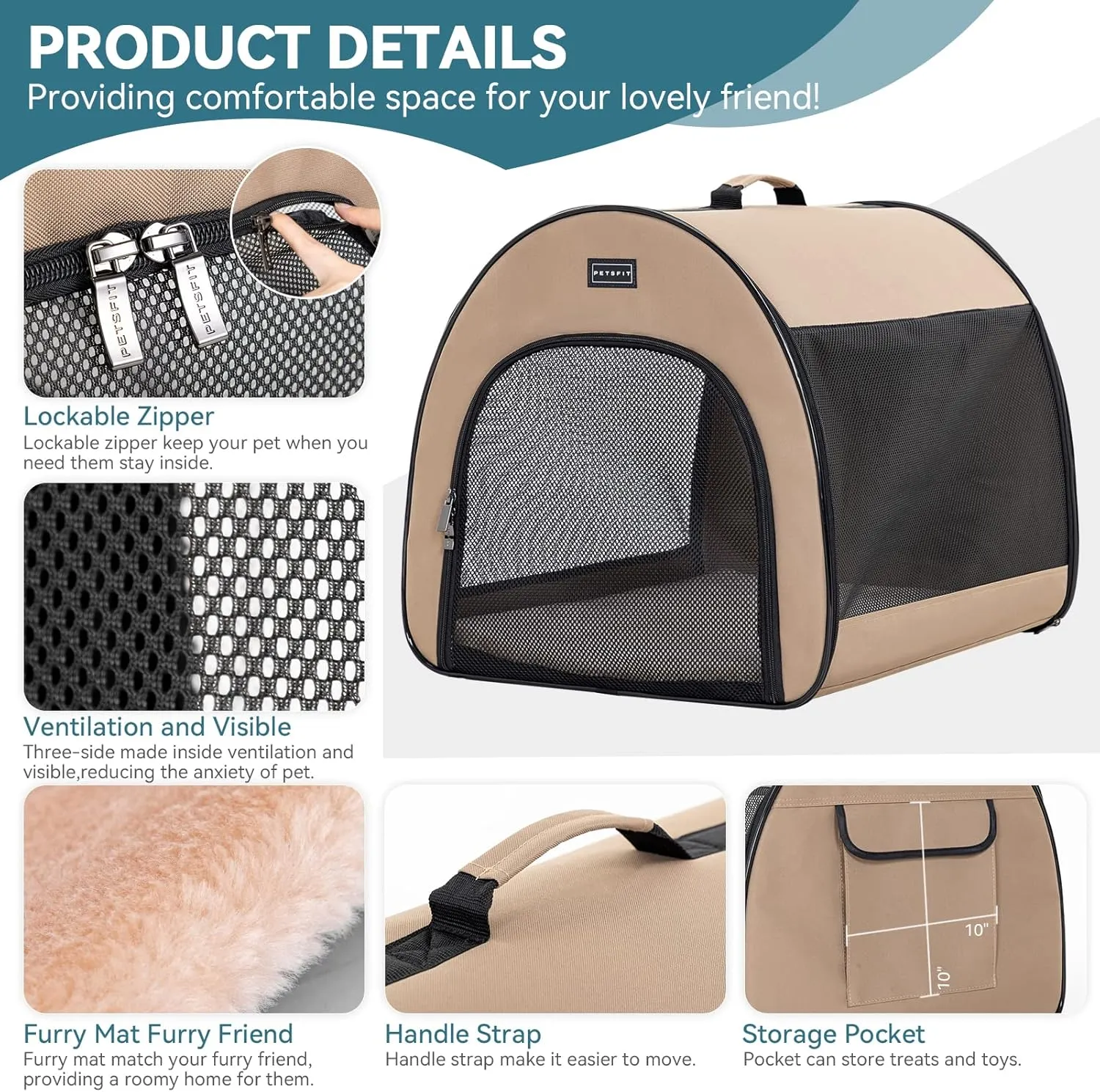 PETSFIT Soft Dog Crate, Dog Travel Crate - 26.5 Inch Lightweight, Roomy, Easy to Set Up, Portable Pop Up Dog Carrier with Thick Mat, Sturdy Soft Sided Dog Crate, Khaki