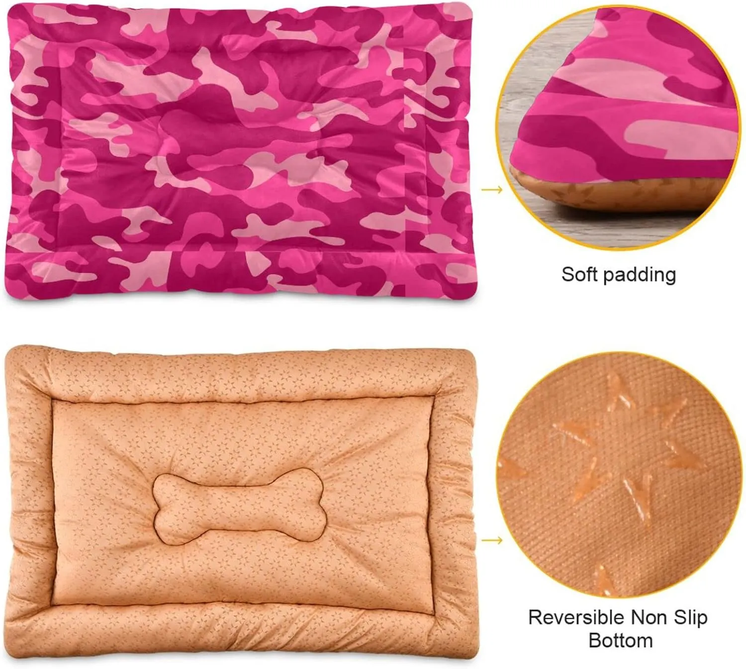 Pink Camo Dog Bed Cat Bed Soft Washable Pet Crate Mat Non Slip Comfortable Durable Dog Crate Bed for Indoor Small Medium Large Dogs Cats, 24 x 36 Inch