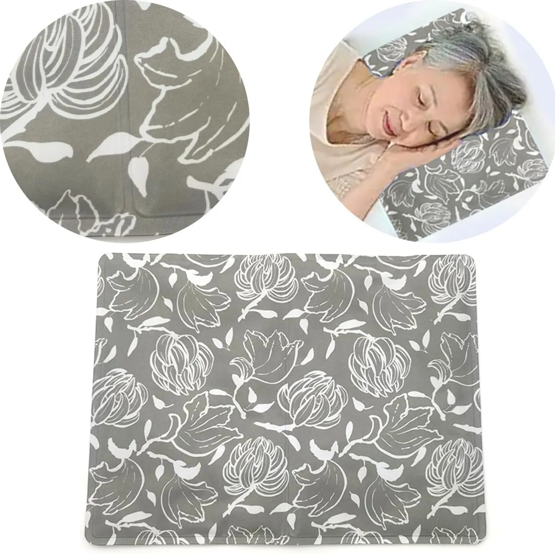 Reusable Gel Ice Pack for Sleeping, Cold Pillow Pad, Head Cooling Ice Pad, Chill Pillow, Relieve Migraines, Fevers, Hot Flashes, Night Sweats, Perfect for Children, Adult, Pets (Gray Flower)
