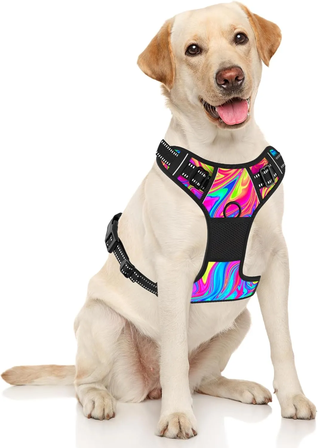 Rnivvi No Pull Dog Harness, Cute Reflective Large Sized Puppy Harness, Adjustable Soft Padded Vest for Large Dogs, Heavy Duty Pet Vest with Easy Control Handle for Walking Training, Rainbow Art