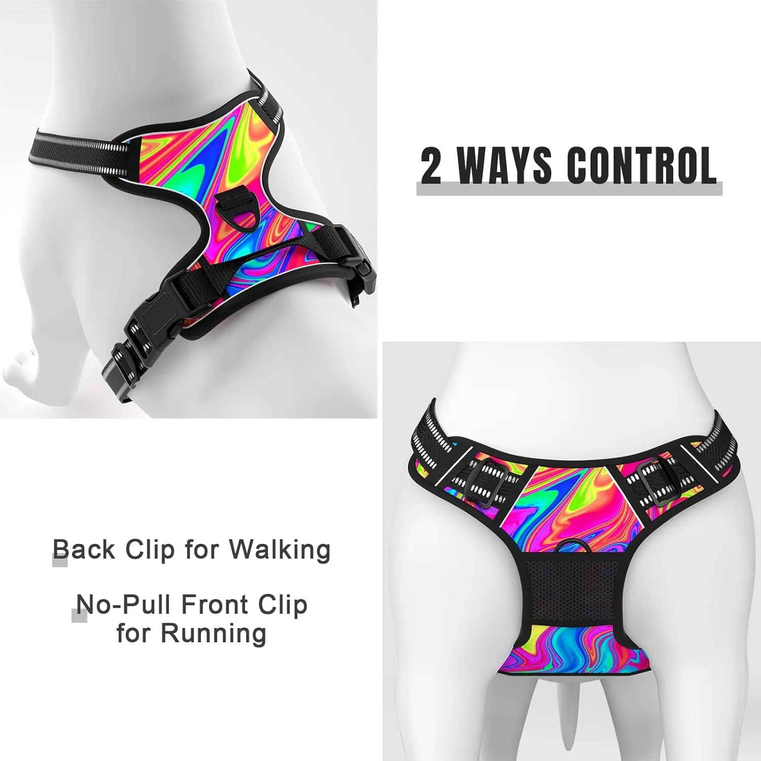 Rnivvi No Pull Dog Harness, Cute Reflective Large Sized Puppy Harness, Adjustable Soft Padded Vest for Large Dogs, Heavy Duty Pet Vest with Easy Control Handle for Walking Training, Rainbow Art