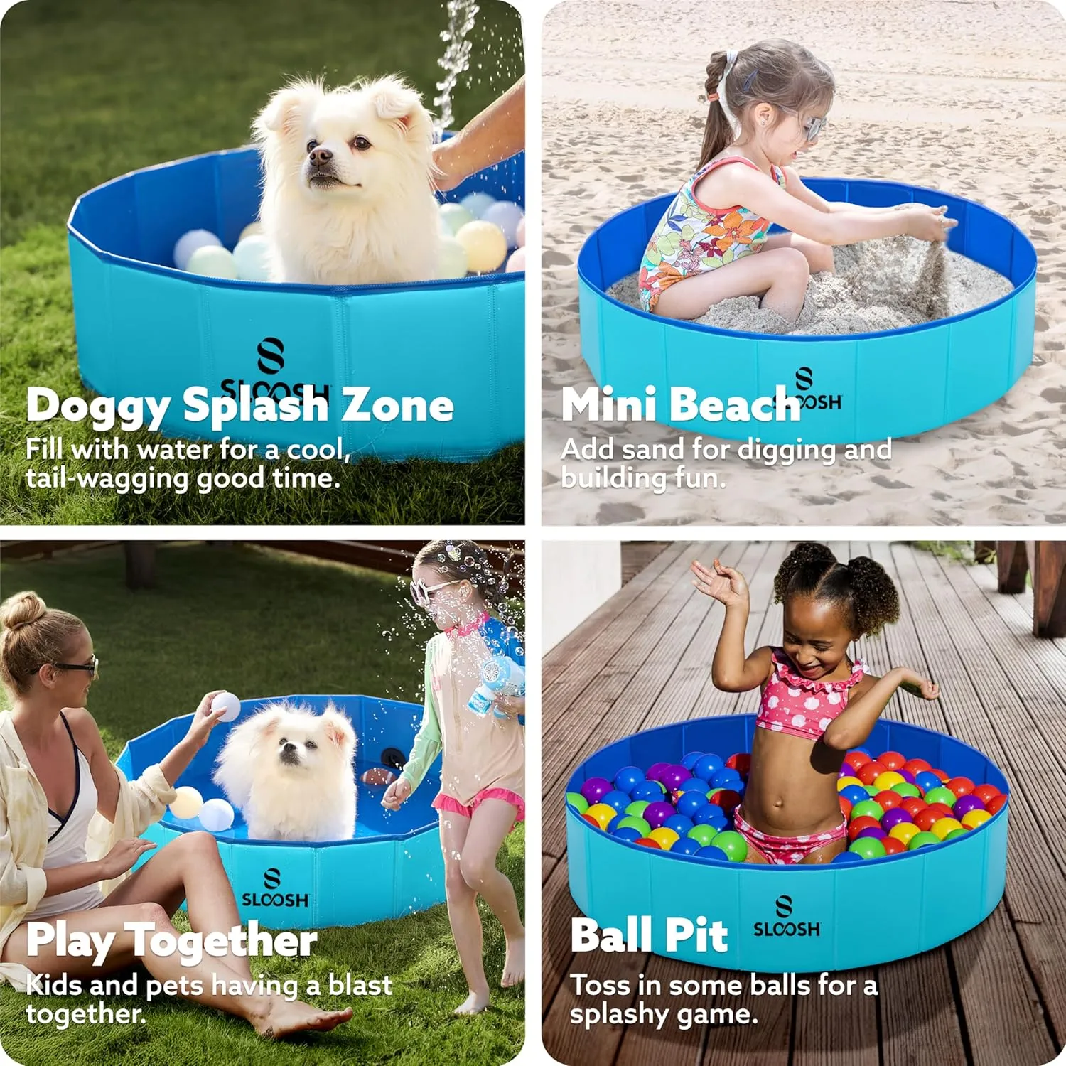 Sloosh Foldable Dog Kiddie Pool - Portable Hard Plastic Doggie Swimming Pool, Anti-Slip Collapsible Pets Bath Tub Suitable for Kids Indoor Outdoor Backyard Use (32" x 8", Blue)