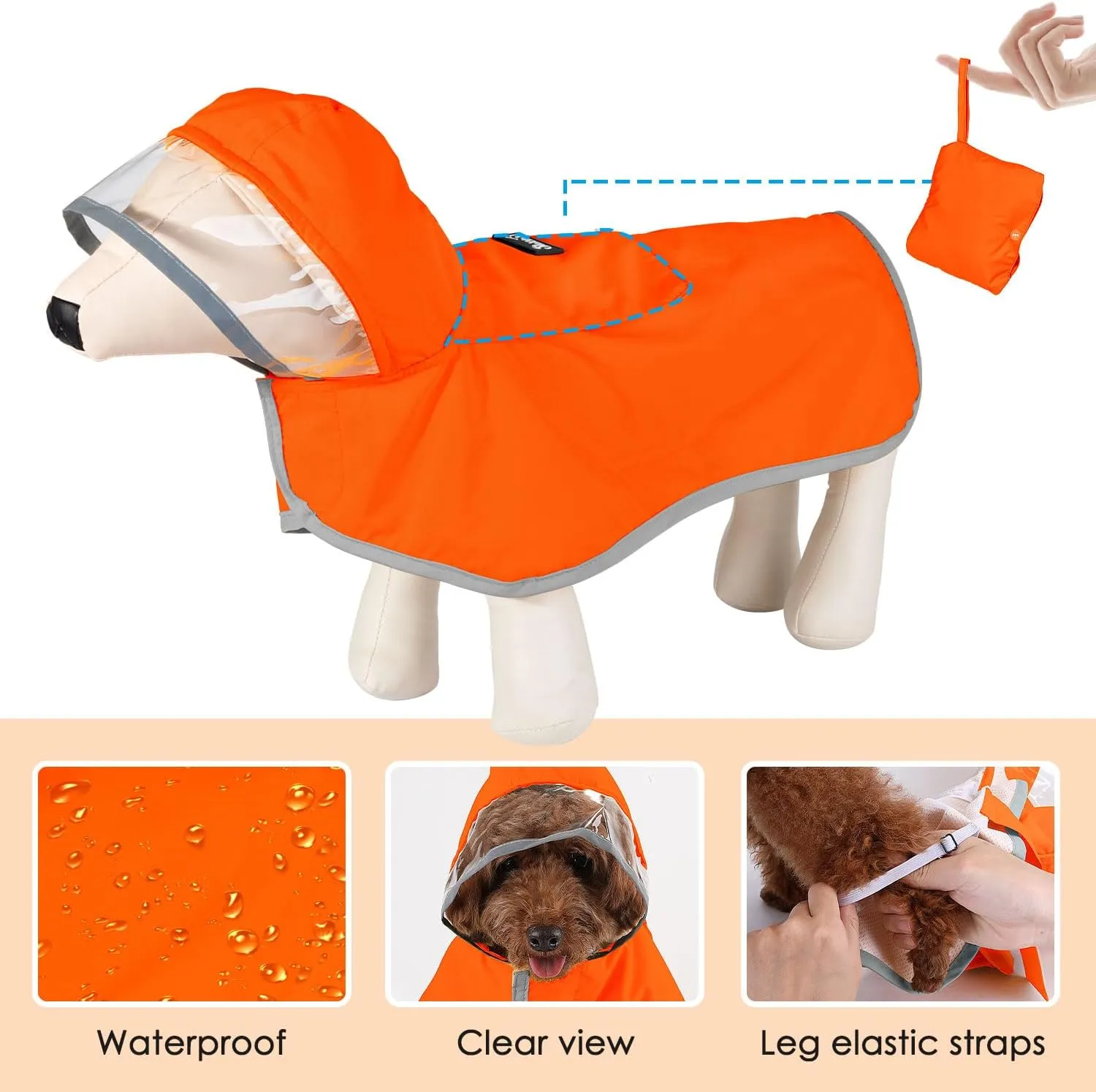SlowTon Dog Raincoat, Adjustable Dog Rain Jacket Clear Hooded Double Layer, Waterproof Poncho with Reflective Strip Straps and Storage Pocket for Small Medium Large Dogs Puppies(OR XL)