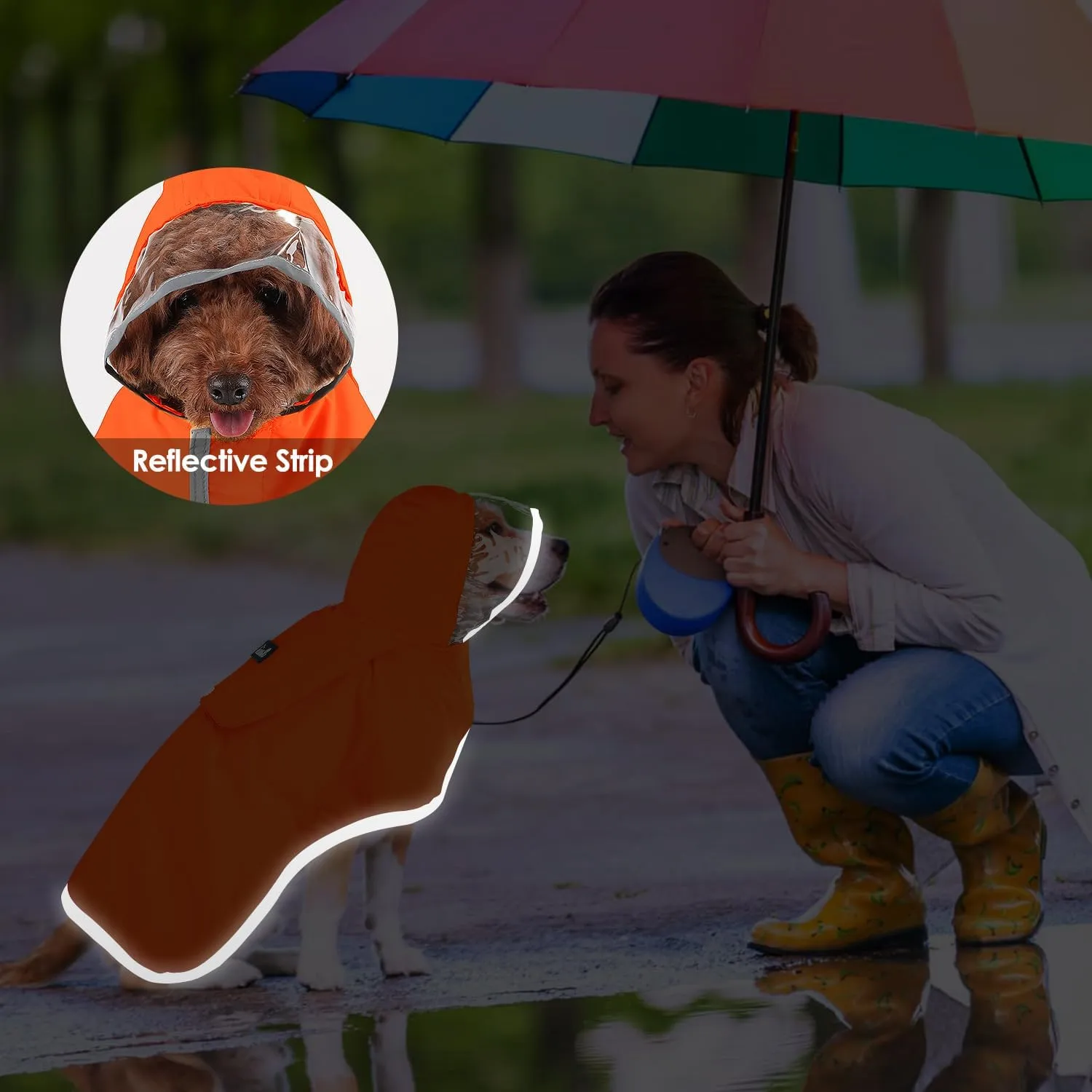 SlowTon Dog Raincoat, Adjustable Dog Rain Jacket Clear Hooded Double Layer, Waterproof Poncho with Reflective Strip Straps and Storage Pocket for Small Medium Large Dogs Puppies(OR XL)