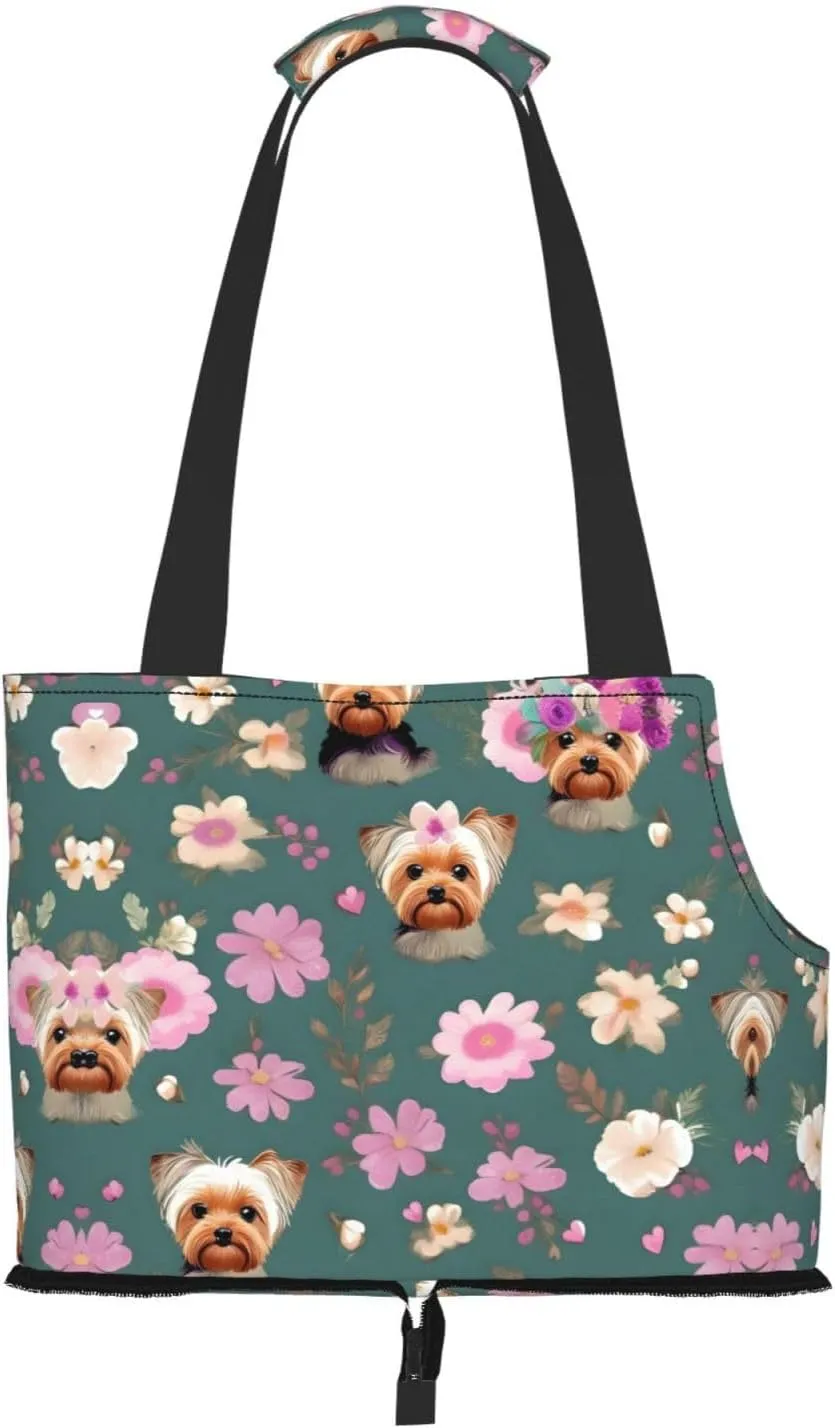 Soft Sided Collapsible Pet Travel Carrier for Medium Cats and Puppy, for Subway/Shopping/Hiking,Yorkie Floral Pattern Print