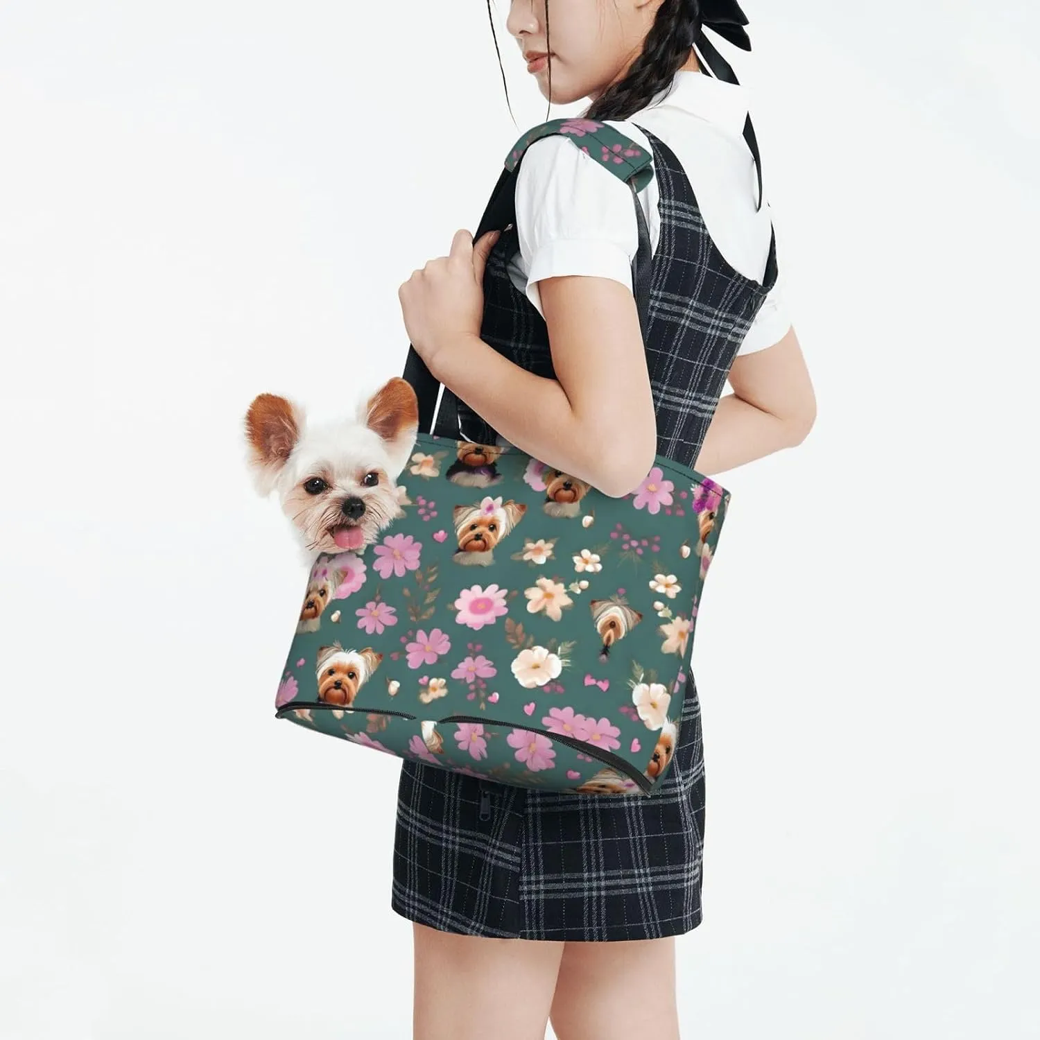 Soft Sided Collapsible Pet Travel Carrier for Medium Cats and Puppy, for Subway/Shopping/Hiking,Yorkie Floral Pattern Print