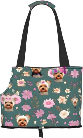 Soft Sided Collapsible Pet Travel Carrier for Medium Cats and Puppy, for Subway/Shopping/Hiking,Yorkie Floral Pattern Print