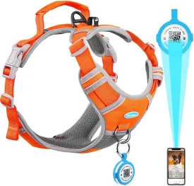 ThinkPet No Pull Harness for Small, Medium, Large Dogs with Airtags Holder Reflective Dog Harnesses with Dog QR Code Smart ID Tag Airtags Holder Harness Back/Front Clip for Easy Control Orange M