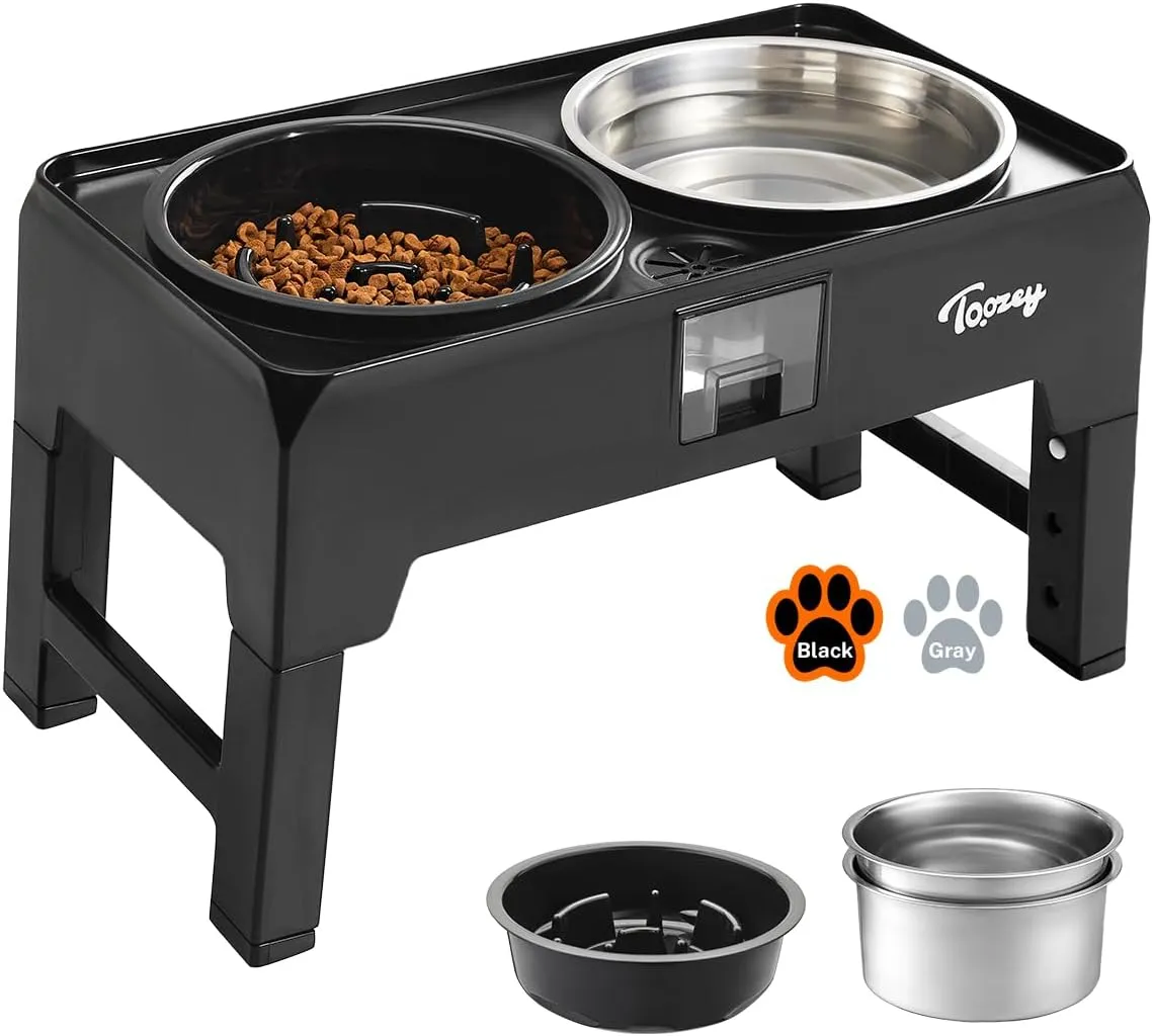 Toozey Elevated Dog Bowls, 2 Large 68oz Stainless Steel & 1 Slow Feeder Raised Bowls, 4 Height Adjustable Water and Food Bowl with Stand, Water Collection & Spill-Proof for Large Medium Small, Black