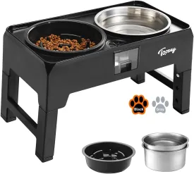 Toozey Elevated Dog Bowls, 2 Large 68oz Stainless Steel & 1 Slow Feeder Raised Bowls, 4 Height Adjustable Water and Food Bowl with Stand, Water Collection & Spill-Proof for Large Medium Small, Black