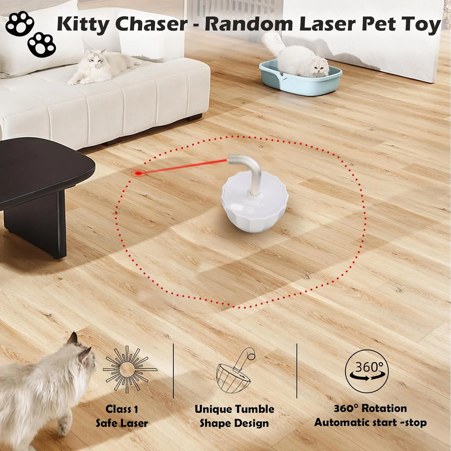 Tumbler Cat Laser Toy Automatic, 360 Rotation Rechargeable Laser Pointer, Self Play 3 Modes Motion Activated Cat Laser Toy, Interactive Cat Toys for Bored Indoor Adult Cats/Dogs (White)