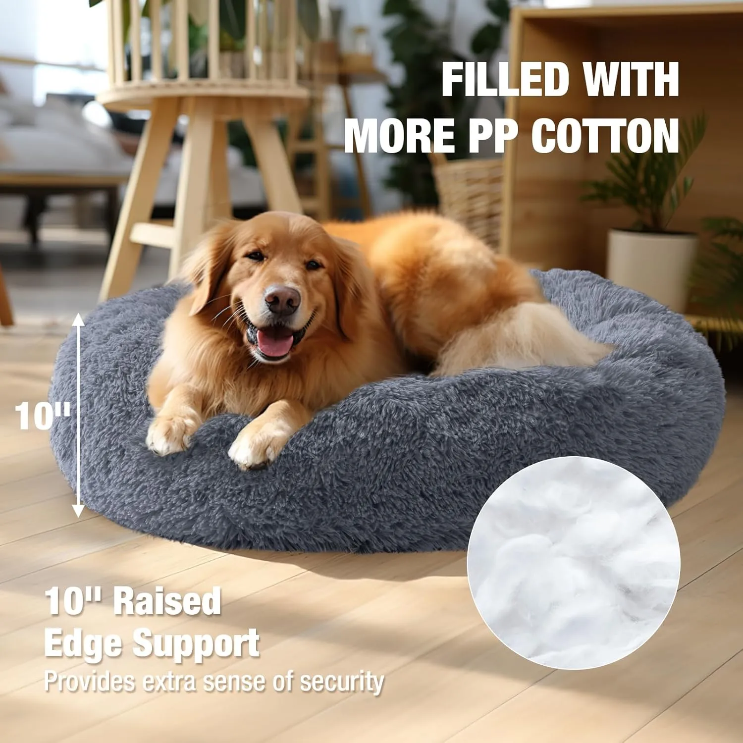 Veehoo Calming Donut Dog Bed for Extra Large Dogs - Round, Anti-Anxiety Fluffy Faux Fur Plush Cuddler, Warming Cozy Soft Cushion, 36", Dark Grey