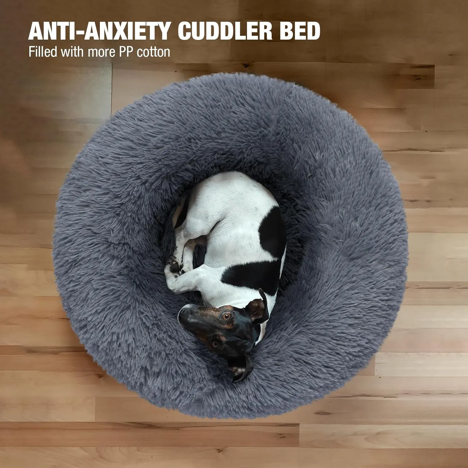 Veehoo Calming Donut Dog Bed for Extra Large Dogs - Round, Anti-Anxiety Fluffy Faux Fur Plush Cuddler, Warming Cozy Soft Cushion, 36", Dark Grey