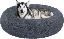 Veehoo Calming Donut Dog Bed for Extra Large Dogs - Round, Anti-Anxiety Fluffy Faux Fur Plush Cuddler, Warming Cozy Soft Cushion, 36", Dark Grey