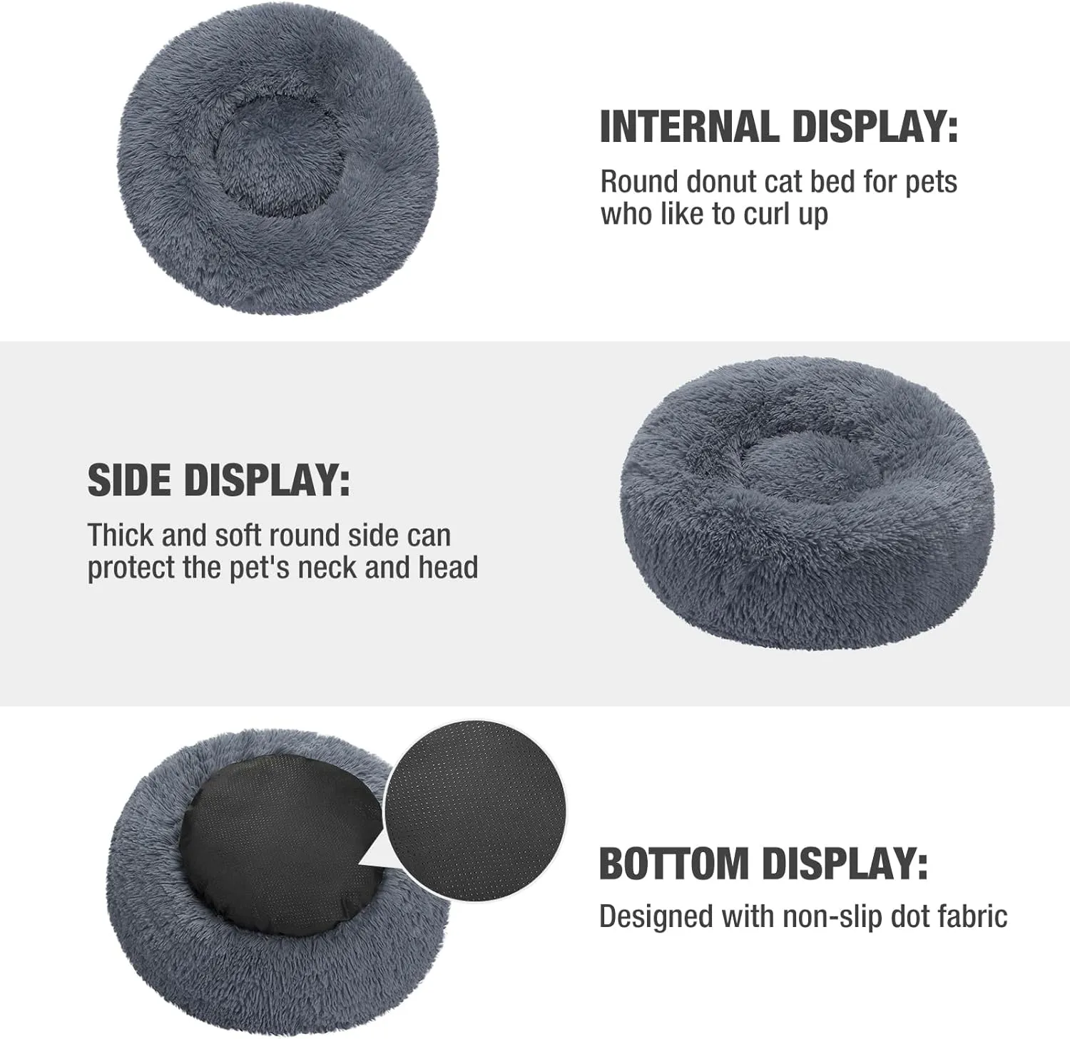 Veehoo Calming Donut Dog Bed for Extra Large Dogs - Round, Anti-Anxiety Fluffy Faux Fur Plush Cuddler, Warming Cozy Soft Cushion, 36", Dark Grey