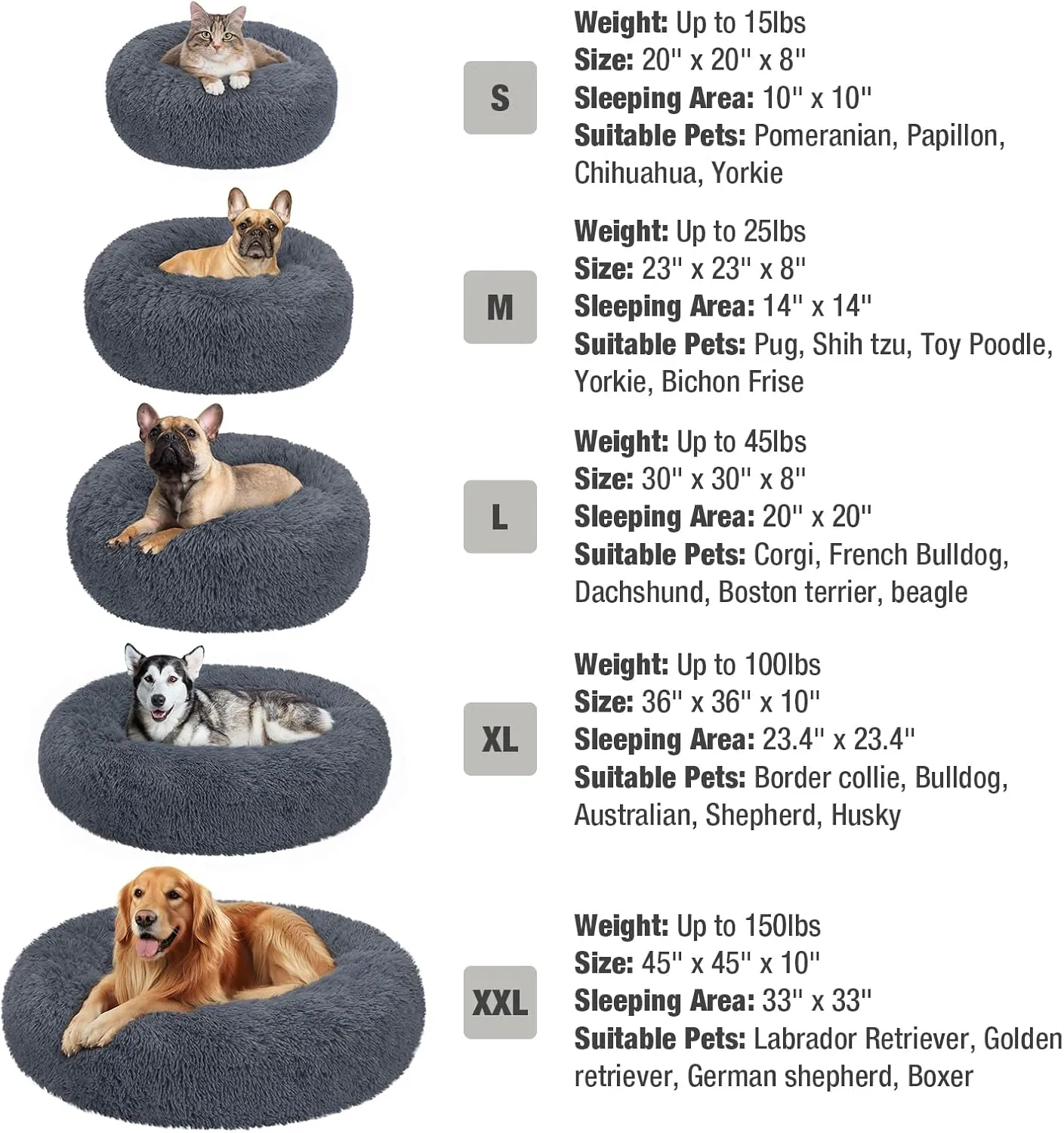 Veehoo Calming Donut Dog Bed for Extra Large Dogs - Round, Anti-Anxiety Fluffy Faux Fur Plush Cuddler, Warming Cozy Soft Cushion, 36", Dark Grey