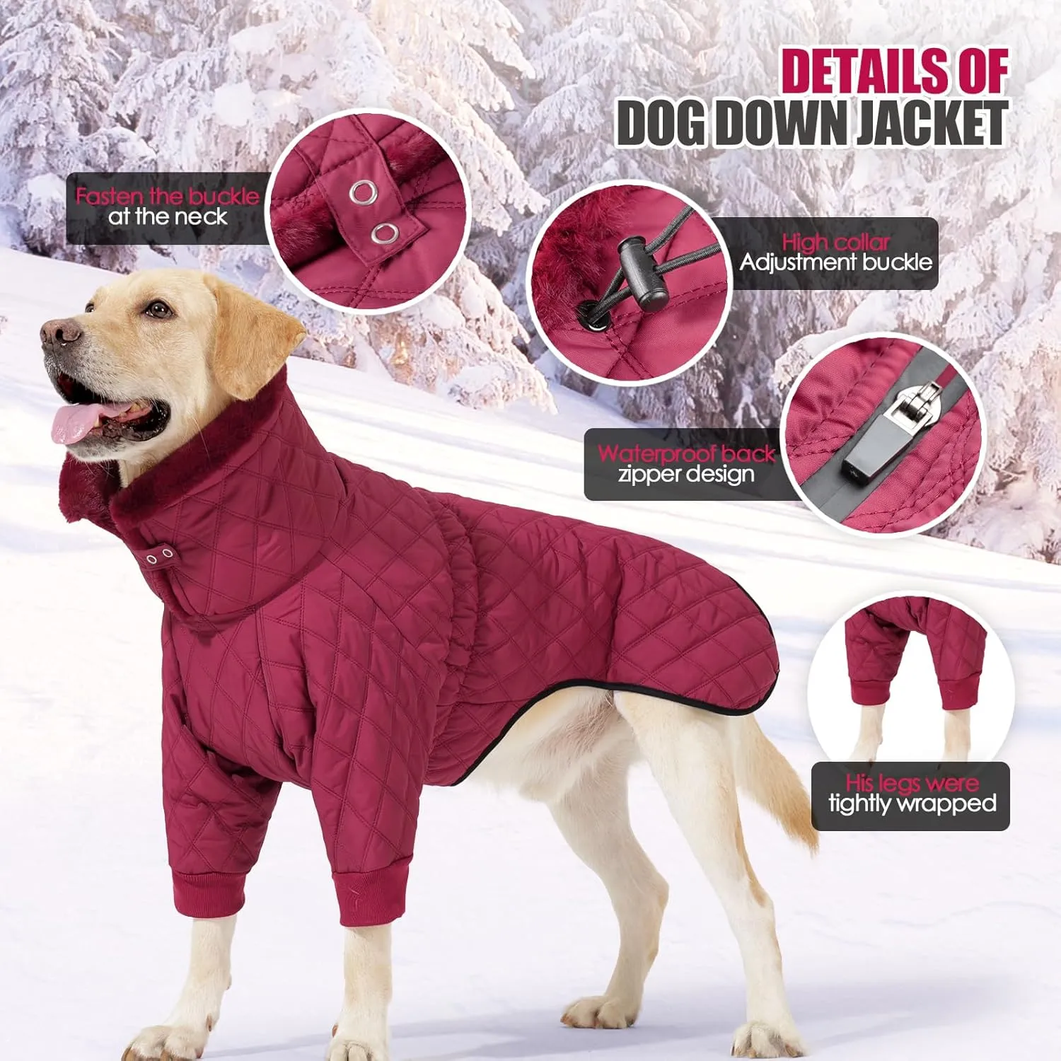 Warm Dog Coat with Double Zipper, Winter Dog Clothes for Small Medium Large Dogs, Turtleneck Dog Puffer Jacket, Two Legs Dog Cold Weather Coats, Wind & Waterproof Dog Winter Jacket