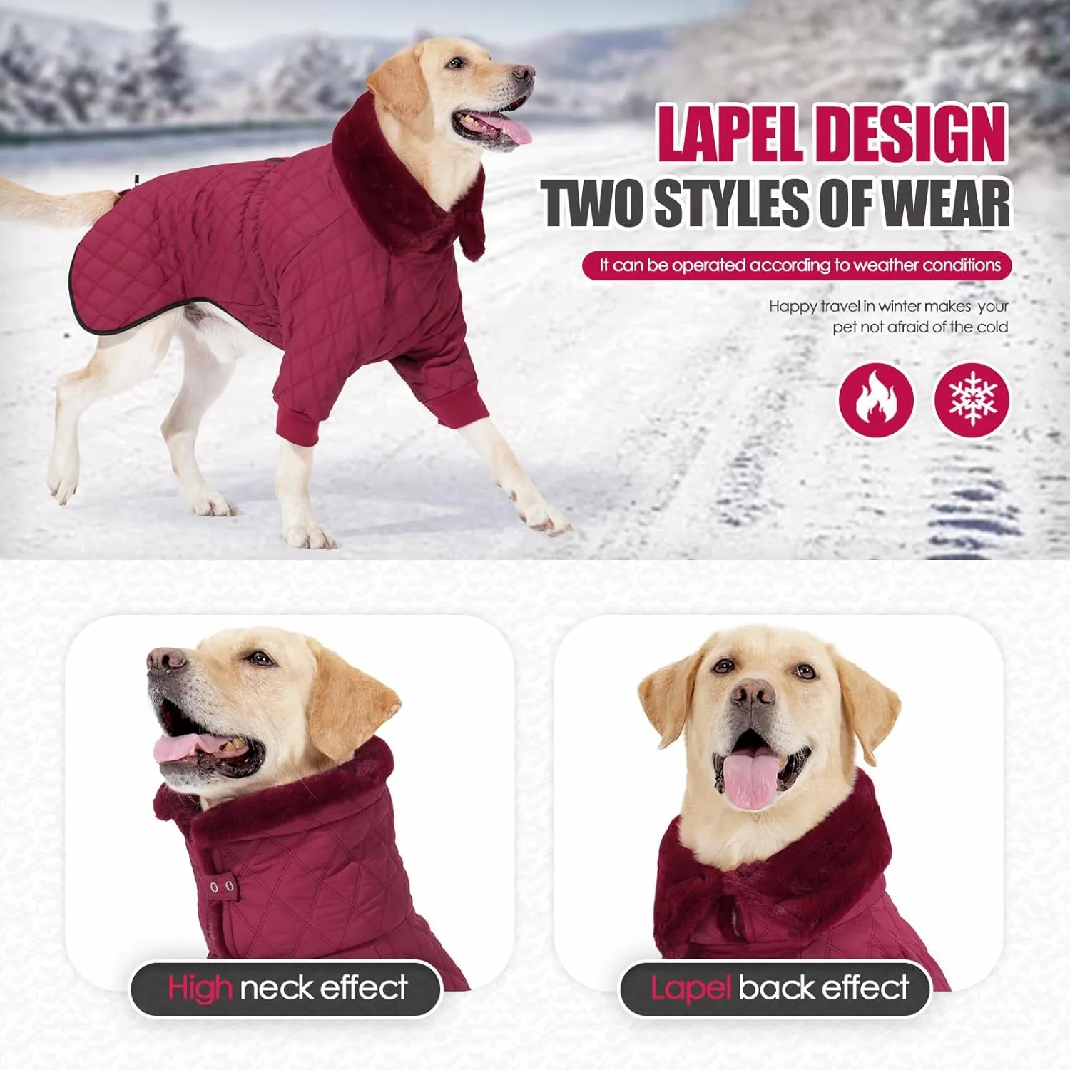 Warm Dog Coat with Double Zipper, Winter Dog Clothes for Small Medium Large Dogs, Turtleneck Dog Puffer Jacket, Two Legs Dog Cold Weather Coats, Wind & Waterproof Dog Winter Jacket