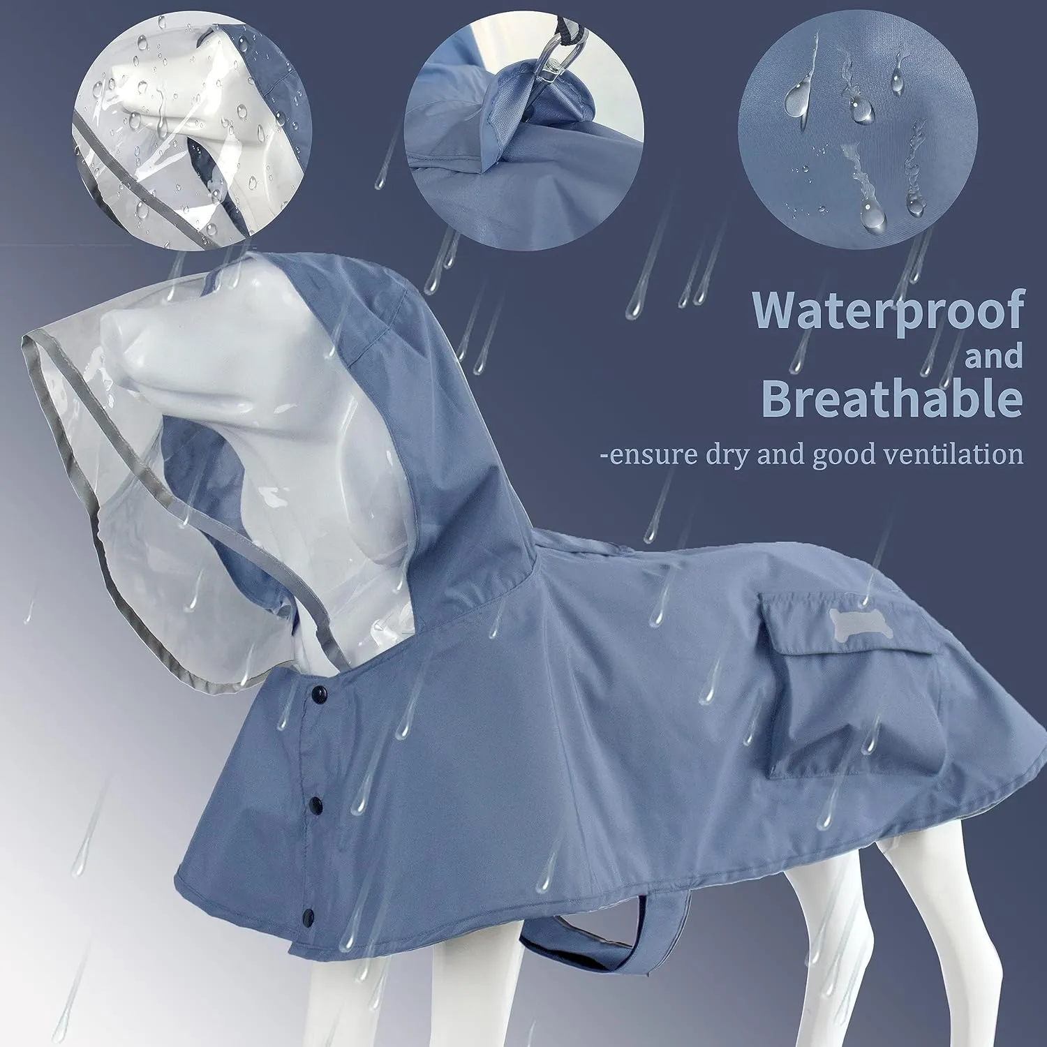 Waterproof Dog Raincoat, Adjustable Reflective Lightweight Pet Rain Clothes with Poncho Hood(Small, Blue&Grey)